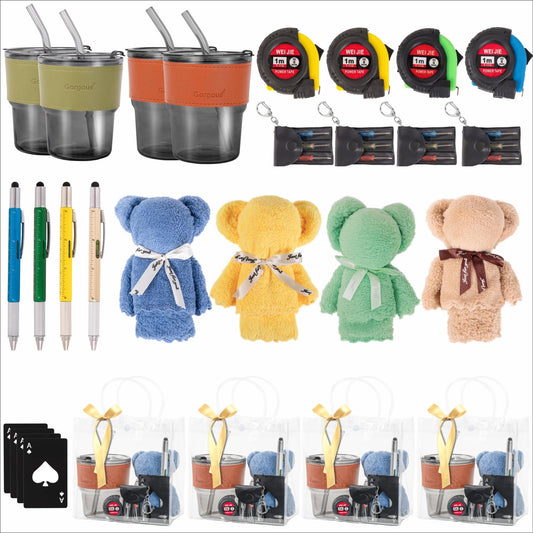 Buecobby - Juego de 4 premios para baby shower para hombres, con vaso de vidrio, paño de limpieza, abridor de botellas, mini destornillador, juego de llaveros, bolígrafo multiherramienta, premios