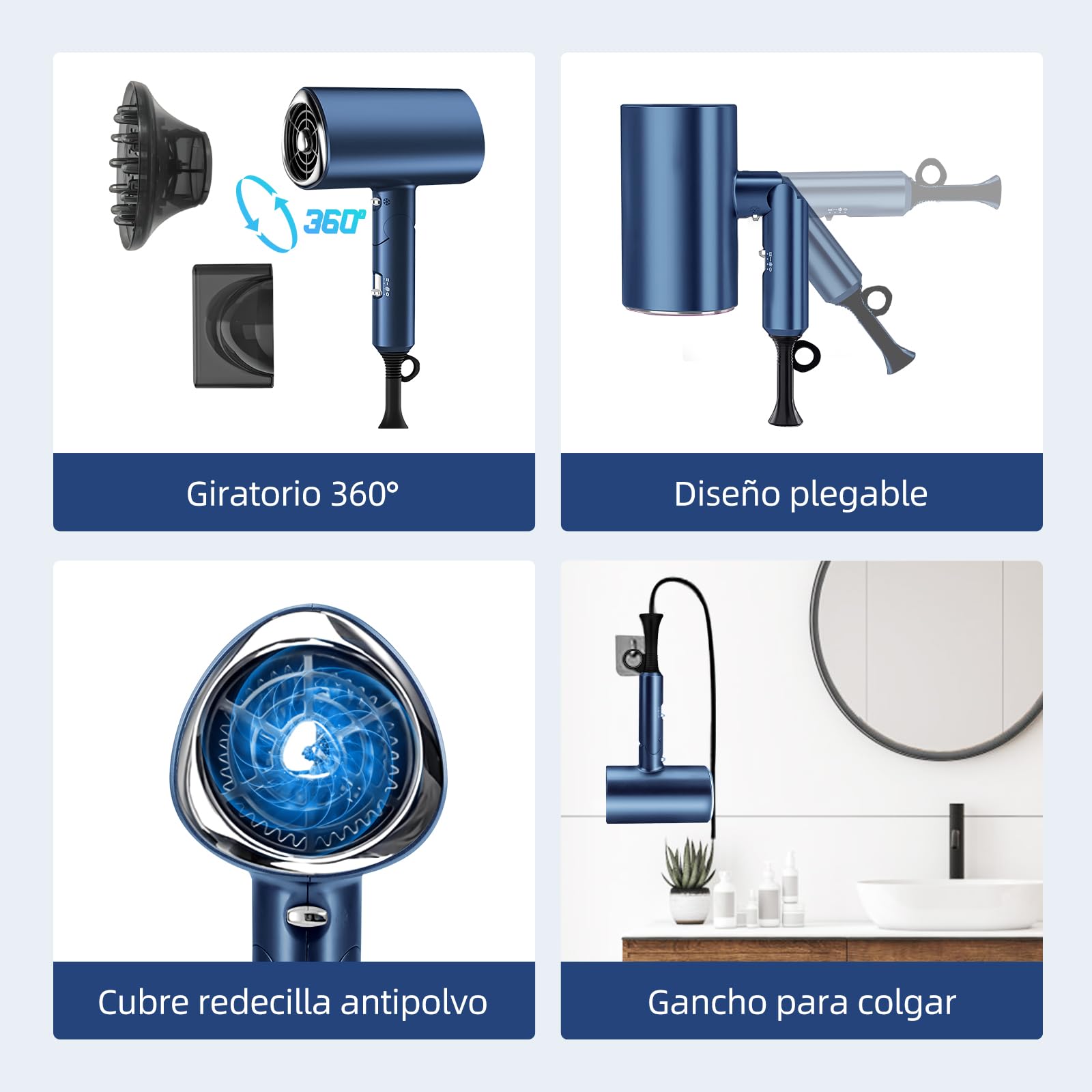 Secadora de Cabello,1800W Secadora para Cabello Profesional,3 Temperatura Ajustable,Ion Negativo,Secadora de Pelo Viaje Portatil y Plegable,Con Boquilla,Difusor,Peine y Pinza de Pelo,para Hogar,Salón