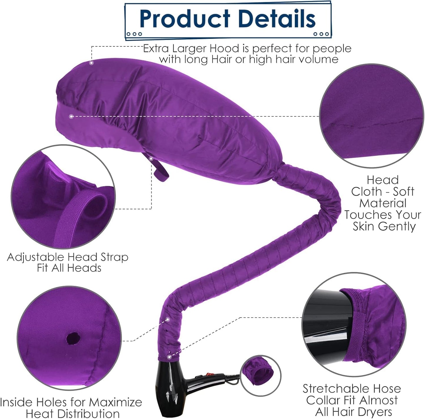 Accesorio para secador de pelo con capucha para capó mejorado: gorras de secadora suaves ajustables extra grandes - Fácil de usar para el cuidado del cabello rizado natural con textura, peinado de secado rápido - morado