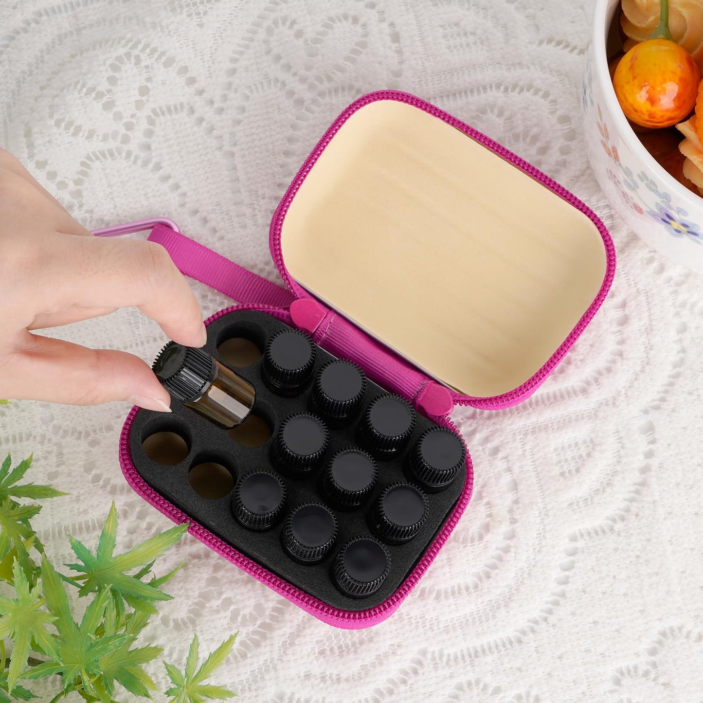 Biiange - 2 fundas para botellas de aceite esencial, caja de almacenamiento de aceite esencial, con 30 botellas de aceite esencial, Rosa Rojo, 2 fundas para botellas + botella de aceite esencial de 2