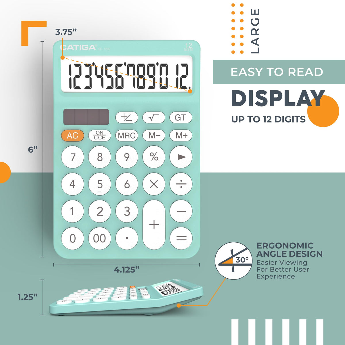 Calculadora CATIGA Negro 12 Dígitos con Pantalla LCD Grande y Energía Solar para Oficina y Hogar