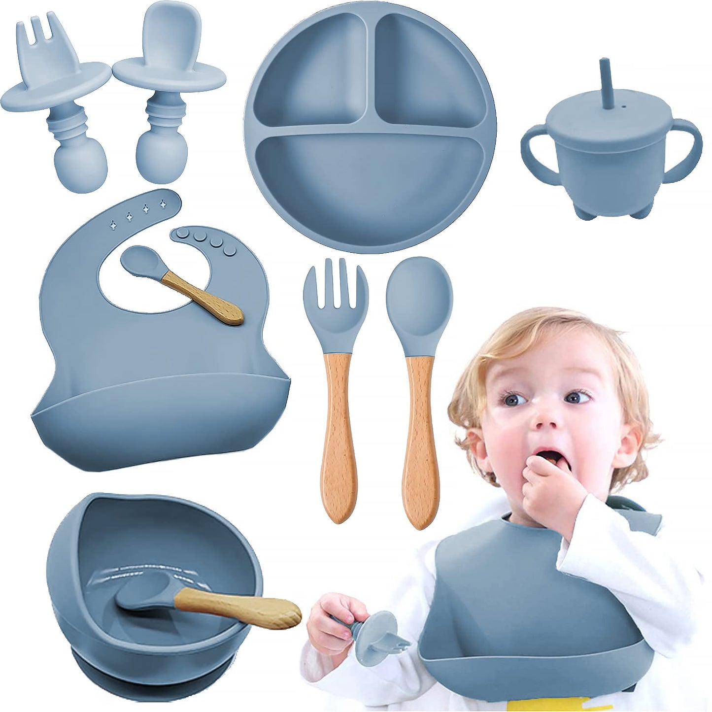 Set de Vajillas y Platos de Silicona, Azul, con Ventosas y Baberos Ajustables para Bebé, Seguros para Alimentos, Sin BPA, 8 Piezas, Ideal para Babyshower