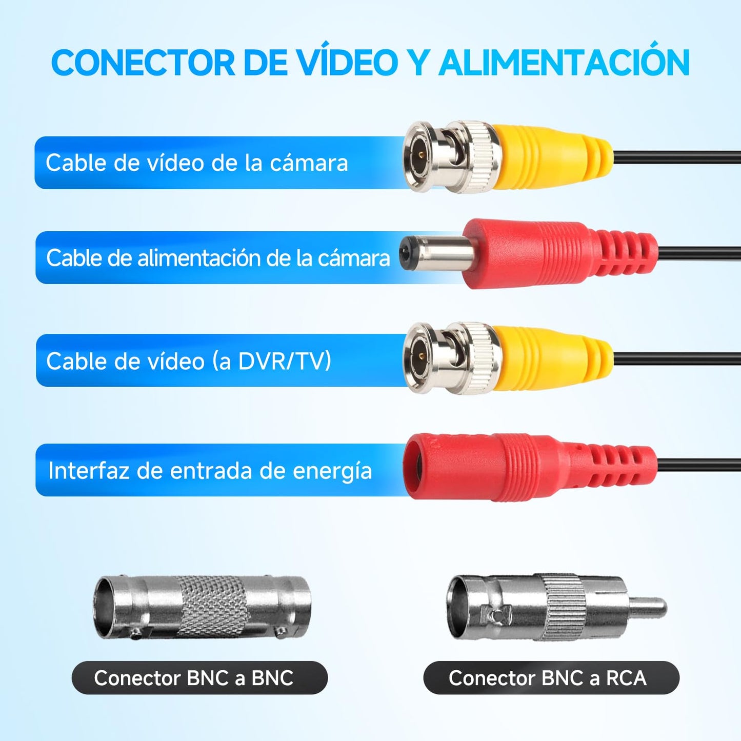 Paquete de 4 cables de alimentación de video BNC de 30 m / 100 pies todo en uno, cables de extensión para cámara de vigilancia BNC para sistemas de cámara CCTV DVR (8 conectores BNC, 100 clips de