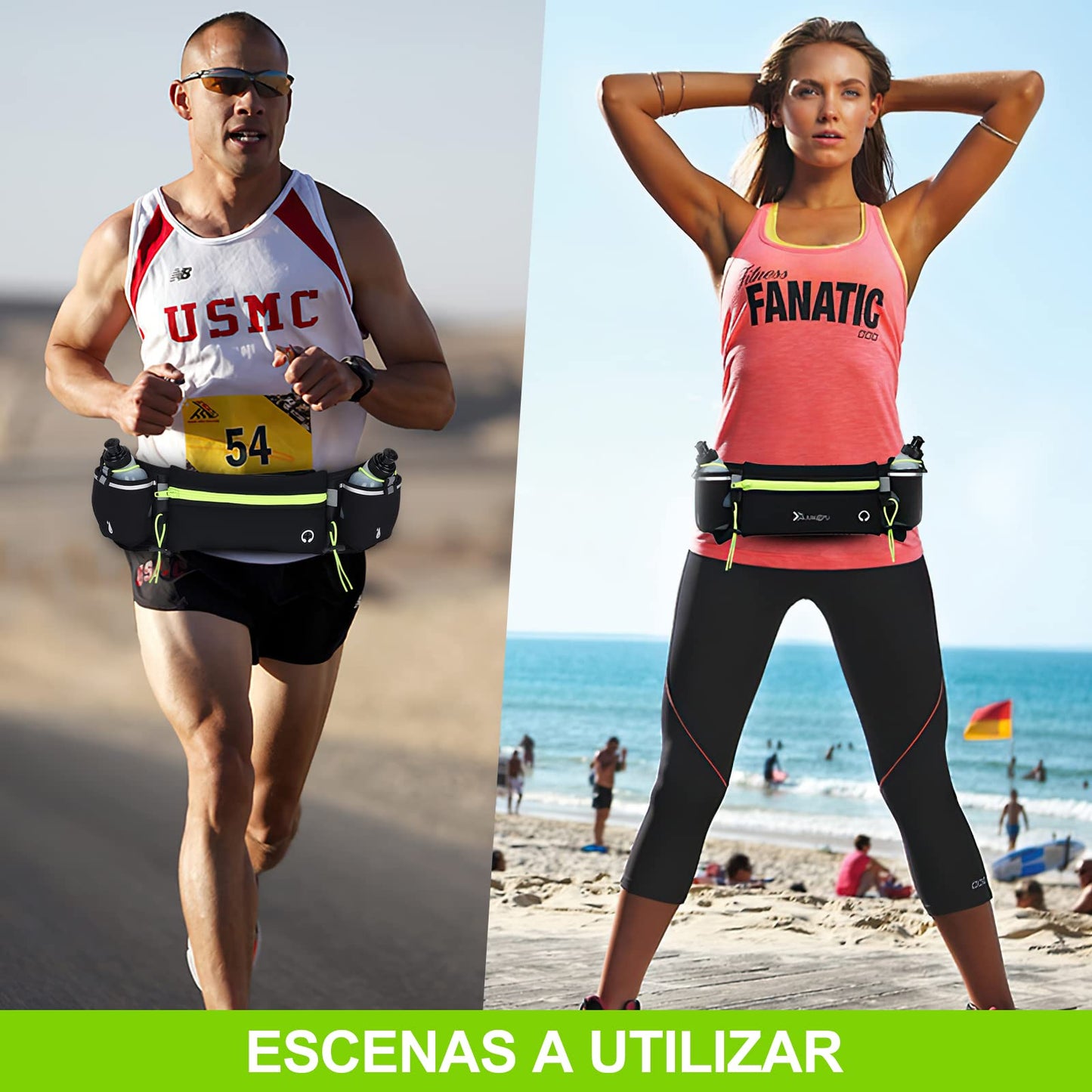 Cangurera Deportiva HONGHCL Verde con 2 Botellas de Agua y Cinturón Regulable para Correr