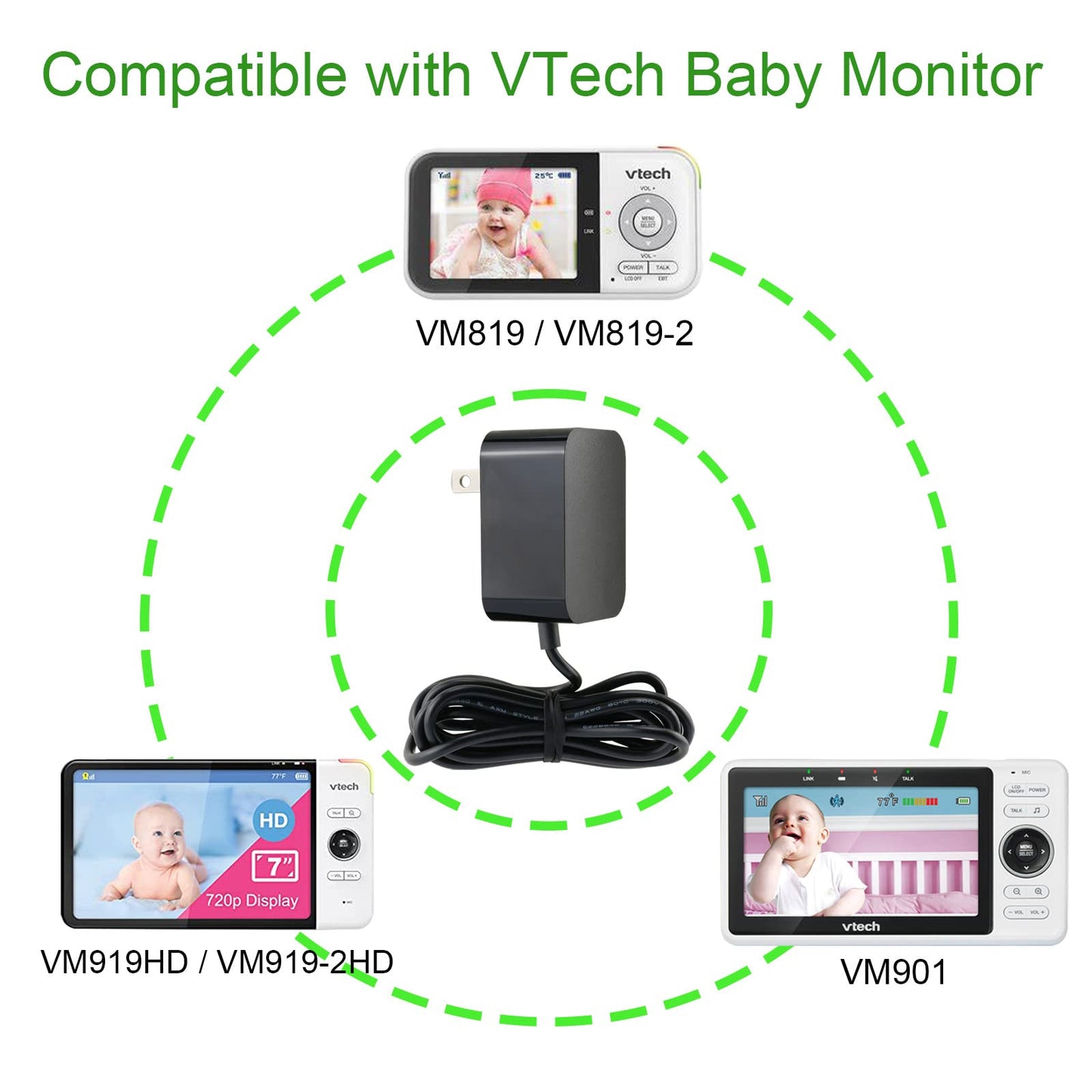 LEFXMOPHY - Cable de alimentación para monitor de bebé VTech VM901 VM919HD VM919-2HD VM819 VM819-2 de poliuretano para visualización de mano (no para cámara), cargador de 5 V UL Aadpter con cable de 5 pies