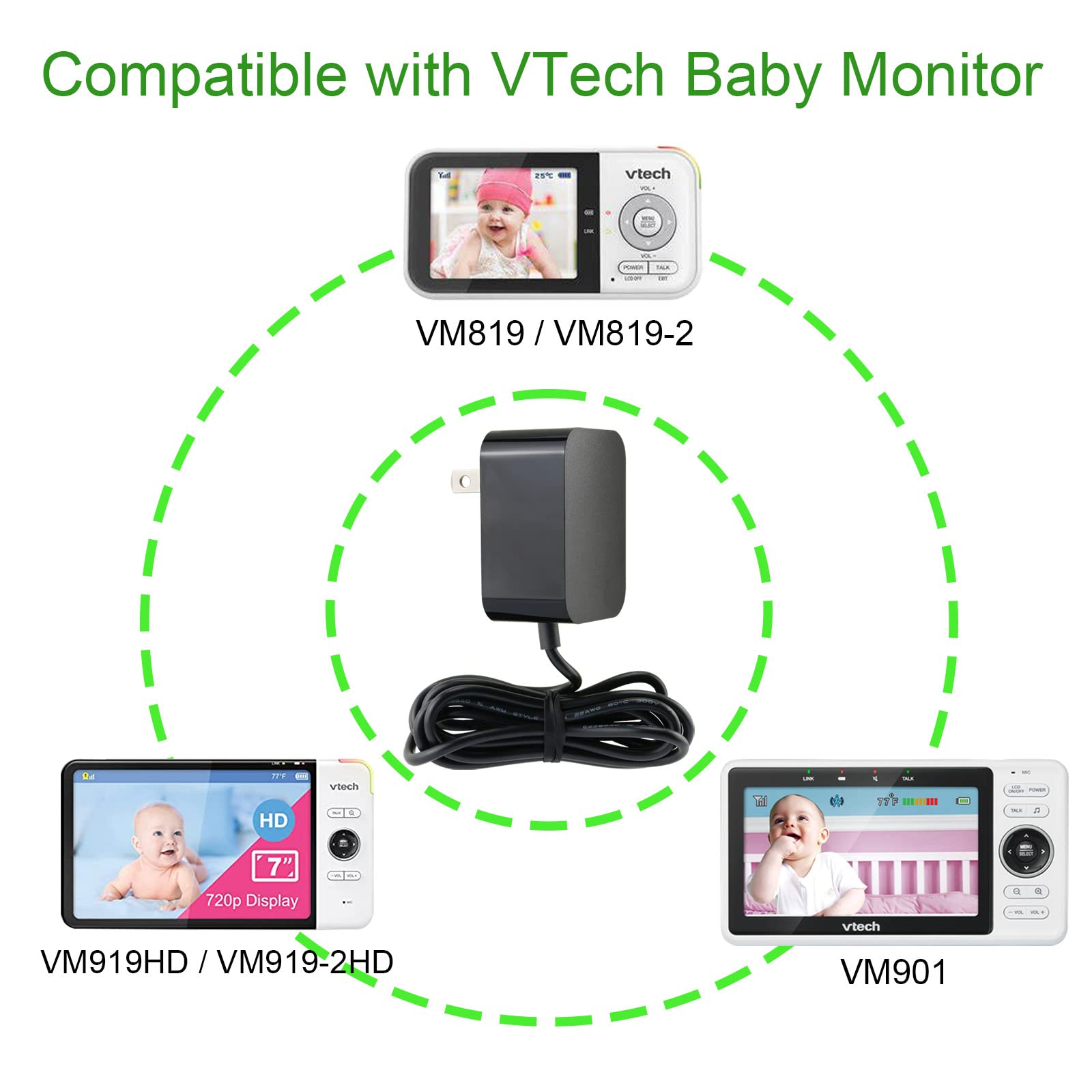 LEFXMOPHY - Cable de alimentación para monitor de bebé VTech VM901 VM919HD VM919-2HD VM819 VM819-2 de poliuretano para visualización de mano (no para cámara), cargador de 5 V UL Aadpter con cable de 5 pies