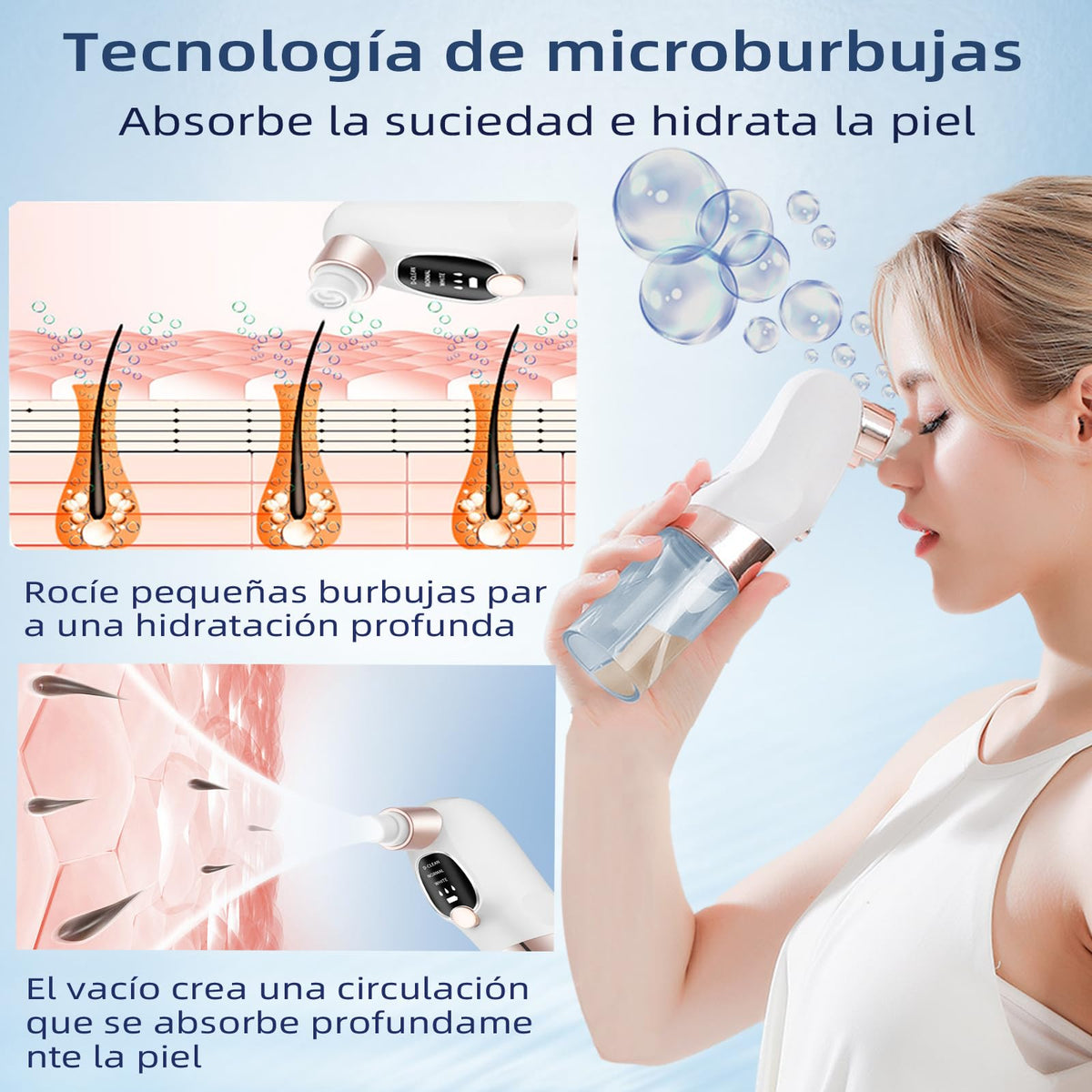Removedor de Espinillas,Limpiador de Poros faciais,separação de sujeira por microbolhas com 6 ponteiras de sucção substituíveis e 3 modos,Succionador de Puntos Negros USB Recargable, unissex.