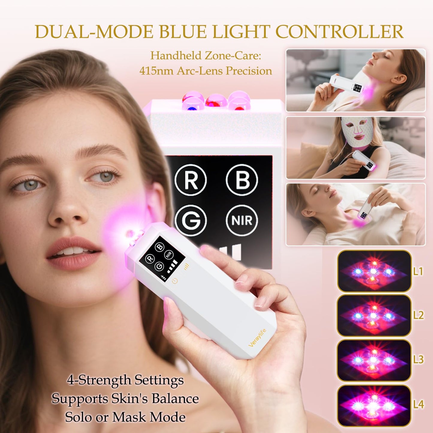 Terapia de Luz Roja Facial, Mascarilla LED Portátil con 7 Colores y 8 Modos, Luz Infrarroja 850nm y Azul Localizada para Acné, 432 LEDs Profesionales