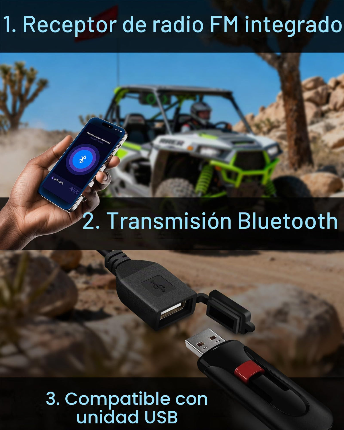 Barra de Sonido GoHawk Negra con Luces RGB e Impermeable IP66 para UTV y ATV Compatible con Polaris