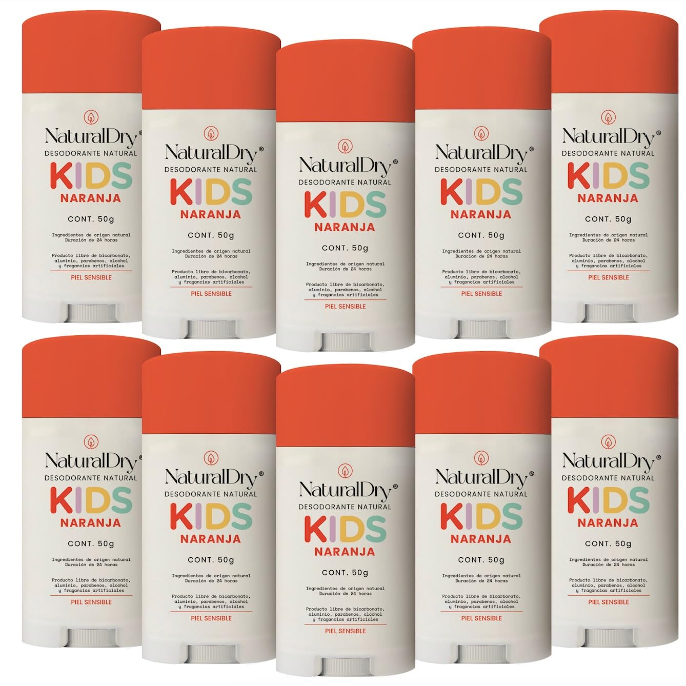NaturalDry - Pack 10 Kids Piel Sensible- Desodorante SIN Bicarbonato de Sodio - Natural para niños - No obstruye los poros - Elimina el mal olor - SIN ALUMINIO - Sin parabenos - aroma Naranja- en barra (10 Unidades)