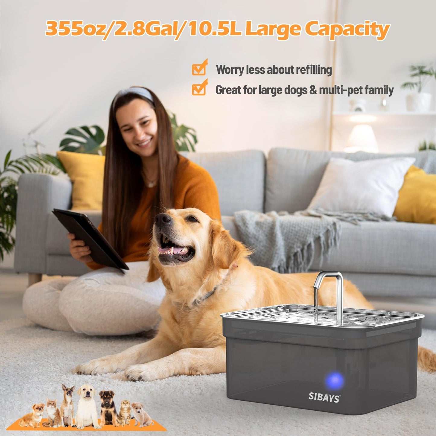 Fuente de Agua Automática SIBAYS Gran Capacidad Acero Inoxidable Ultra Silenciosa para Mascotas