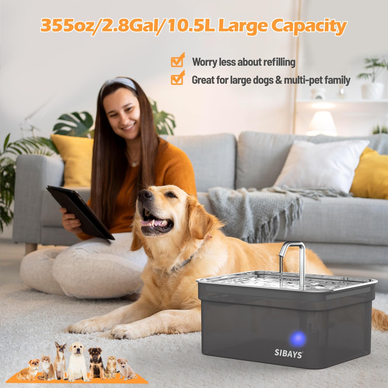 Fuente de Agua Automática SIBAYS Gran Capacidad Acero Inoxidable Ultra Silenciosa para Mascotas