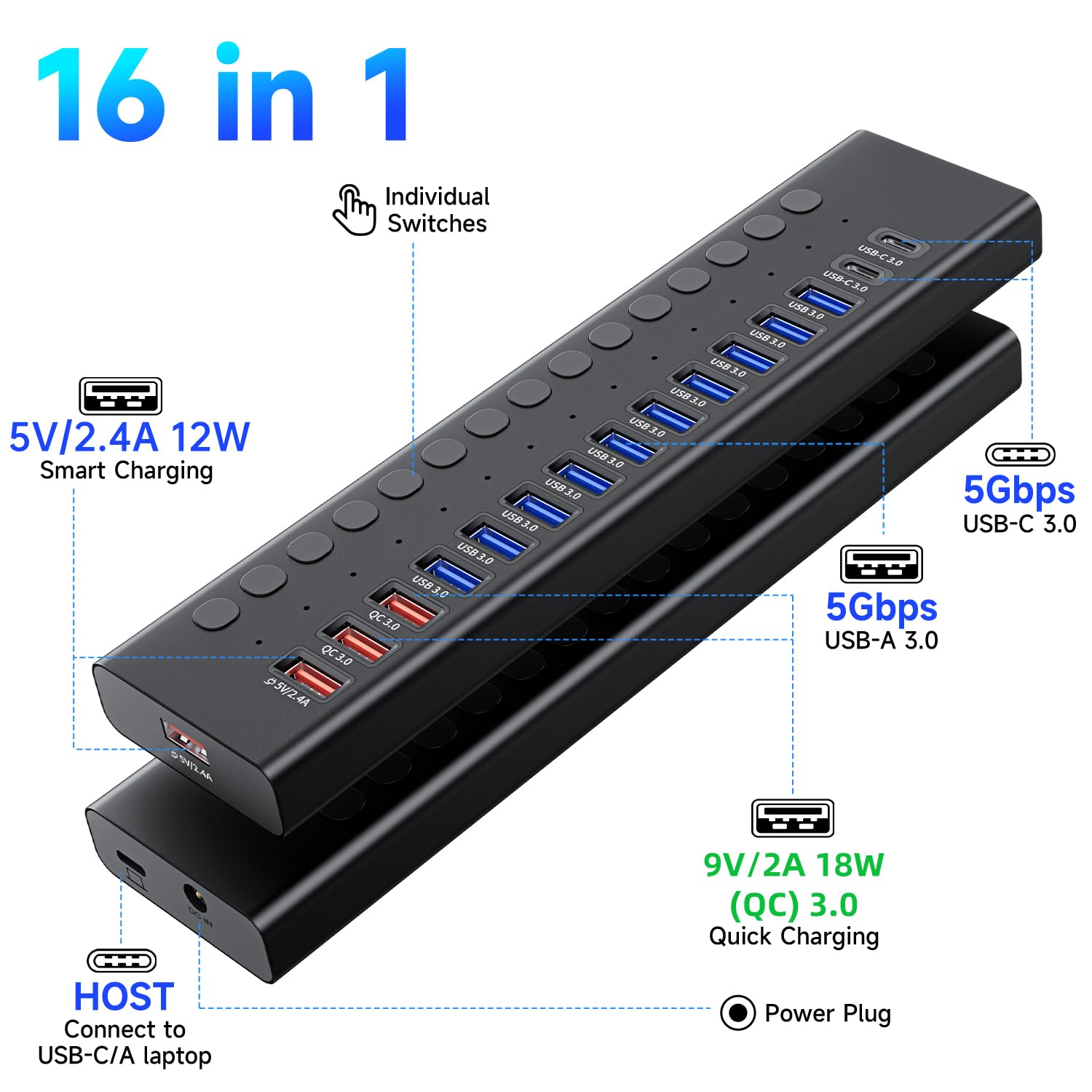 Hub USB 3.0 con alimentación, divisor de concentrador USB C de 16 puertos (10 USB 3.0+2 QC 3.0+2 carga inteligente +2 USB-C 3.0) con interruptores individuales, adaptador de corriente certificado UL