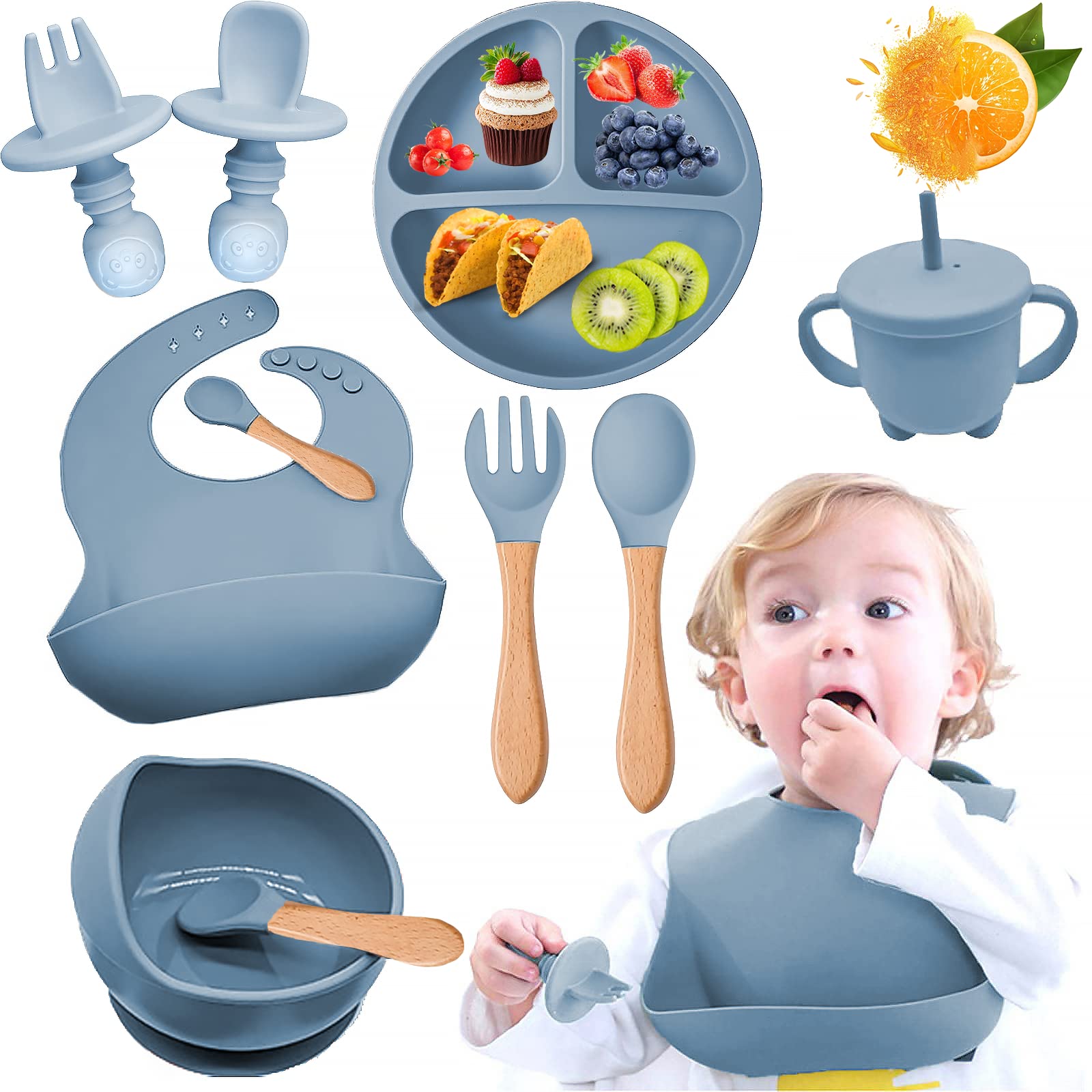 Set de Vajillas y Platos de Silicona, Azul, con Ventosas y Baberos Ajustables para Bebé, Seguros para Alimentos, Sin BPA, 8 Piezas, Ideal para Babyshower