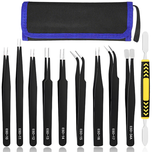 KASIKAI Kit de 10 Tweezers y Pinzas de Precisión ESD Antiestáticas - Chazón Profesional, Acero Inoxidable con Palanca Metálica + Maletín Oxford (Electrónica/Laboratorio/Joyería/Depilar)