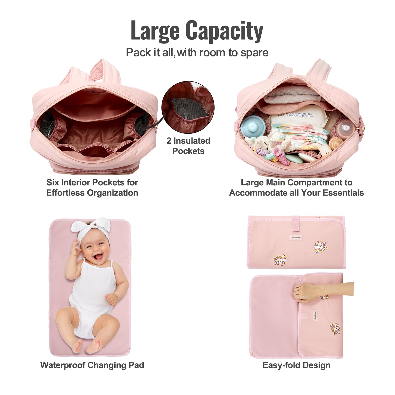 GOBABYMART - Mochila para pañales con cambiador, bolsa de viaje para bebé, bolsillos aislados para botellas, correas para carriola (medianas, unicornios rosas)