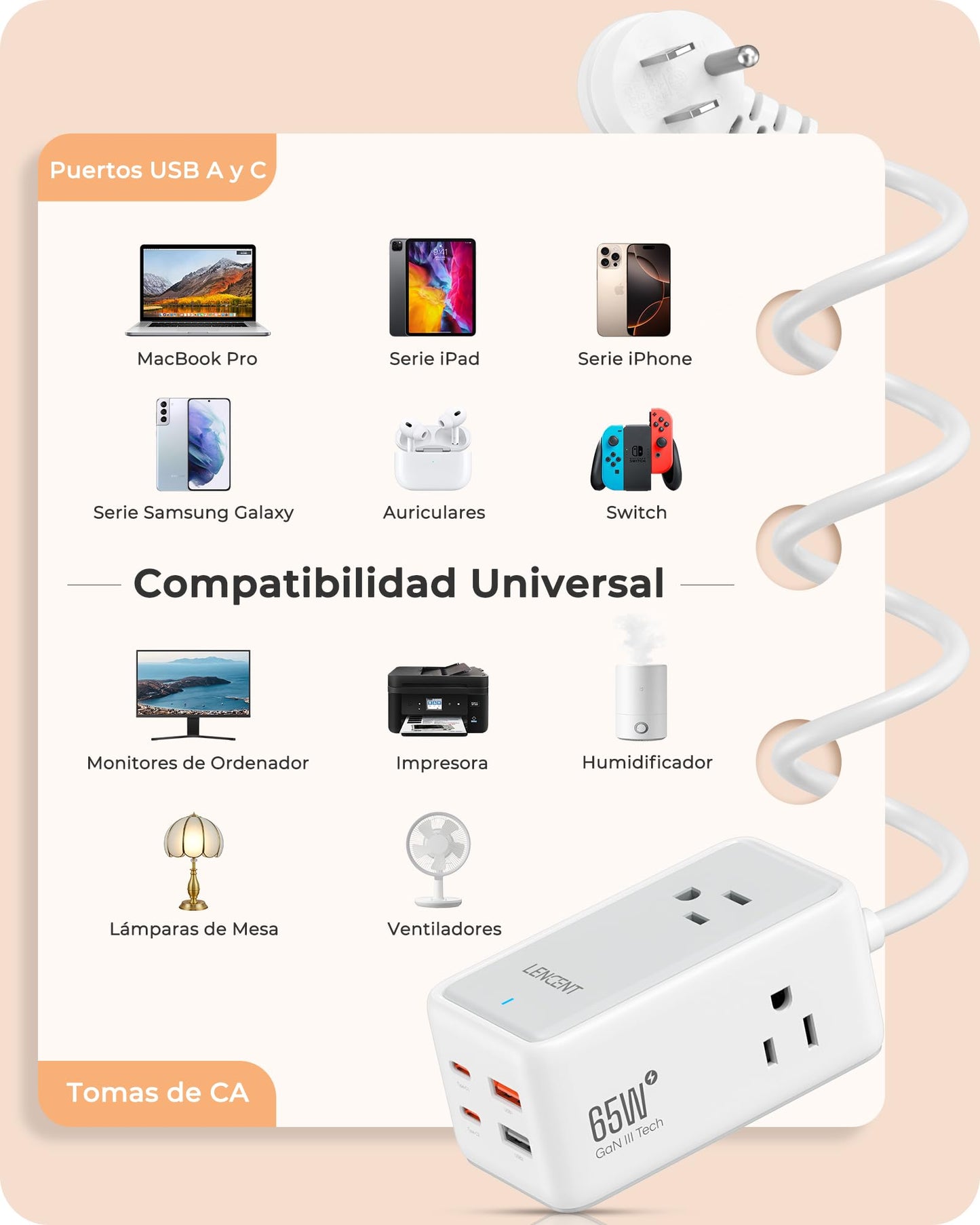 LENCENT Cargador USB C y PD 65W, Cargador Rápido GAN III Tech con 3 Tomas CA + 4 Puertos USB, Estación de Carga USB C de Cable para iPhone, iPad, Macbook, Galaxy, Huawei, Switch y más, Blanco
