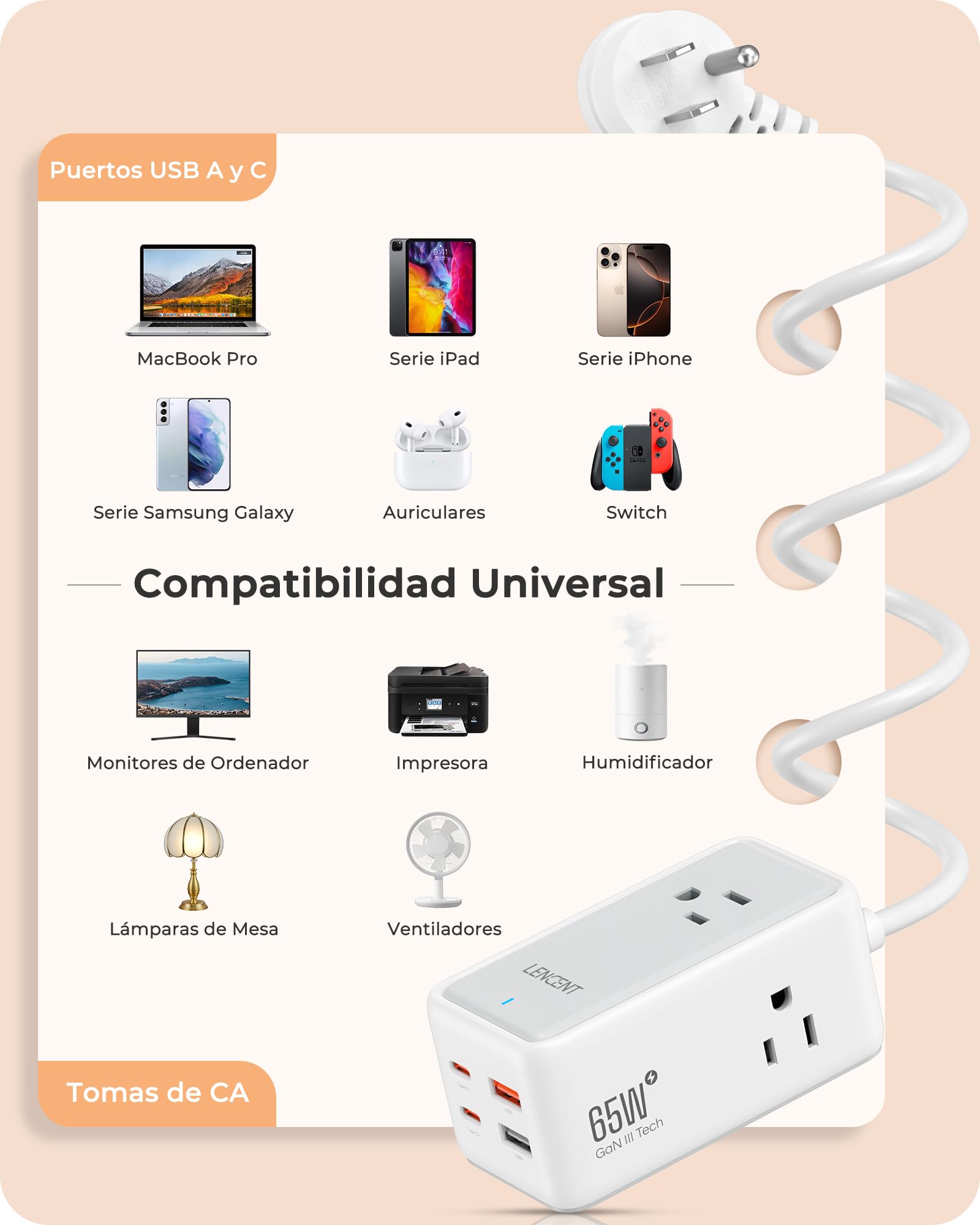 LENCENT Cargador USB C y PD 65W, Cargador Rápido GAN III Tech con 3 Tomas CA + 4 Puertos USB, Estación de Carga USB C de Cable para iPhone, iPad, Macbook, Galaxy, Huawei, Switch y más, Blanco