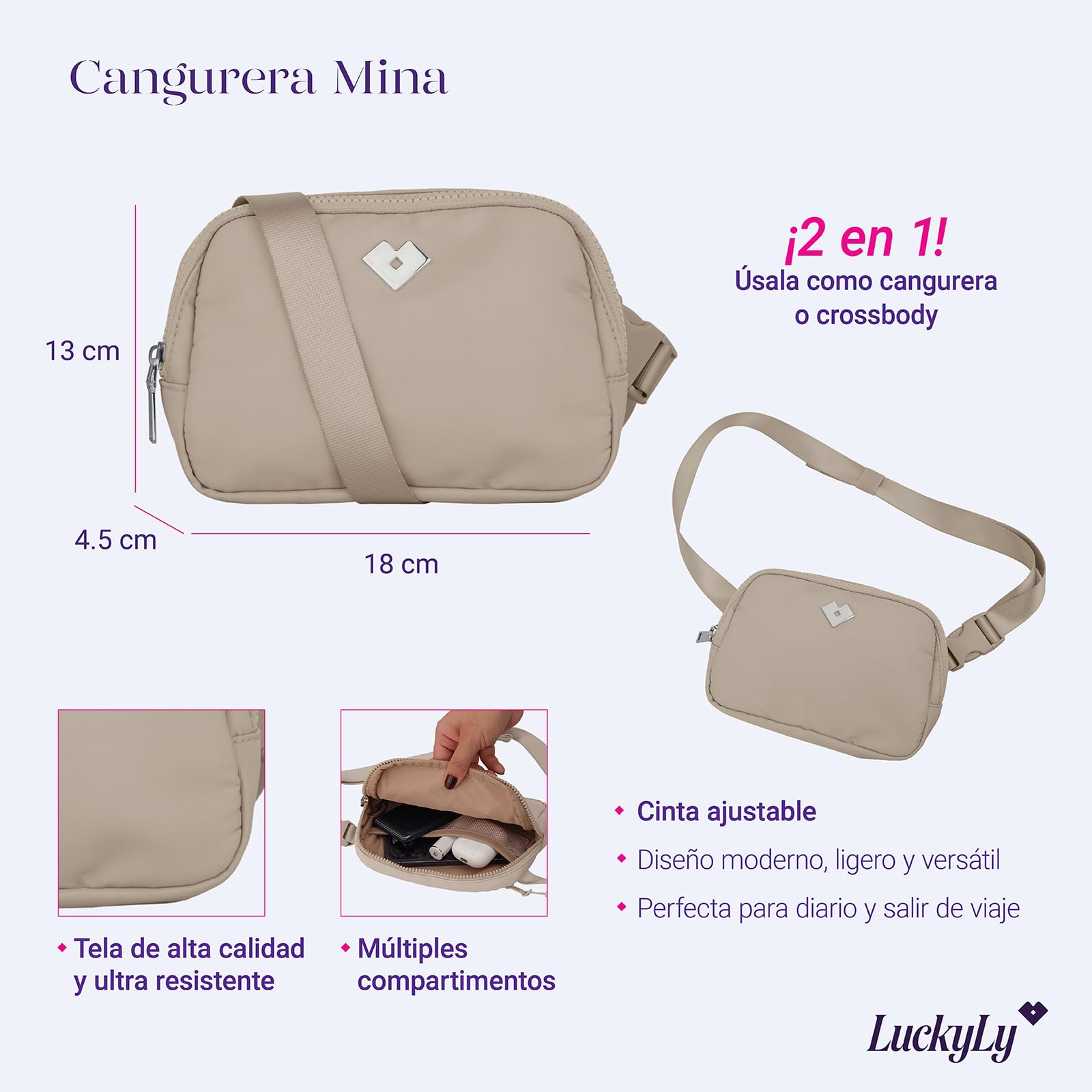 LuckyLy Cangurera para Mujer Deportiva y de Viaje, Bolsa Crossbody y Bandolera tipo Riñonera, Ligera, Repelente al Agua y con Múltiples Compartimentos, Regalos para Mujer y Mamá – Modelo Mina, Beige