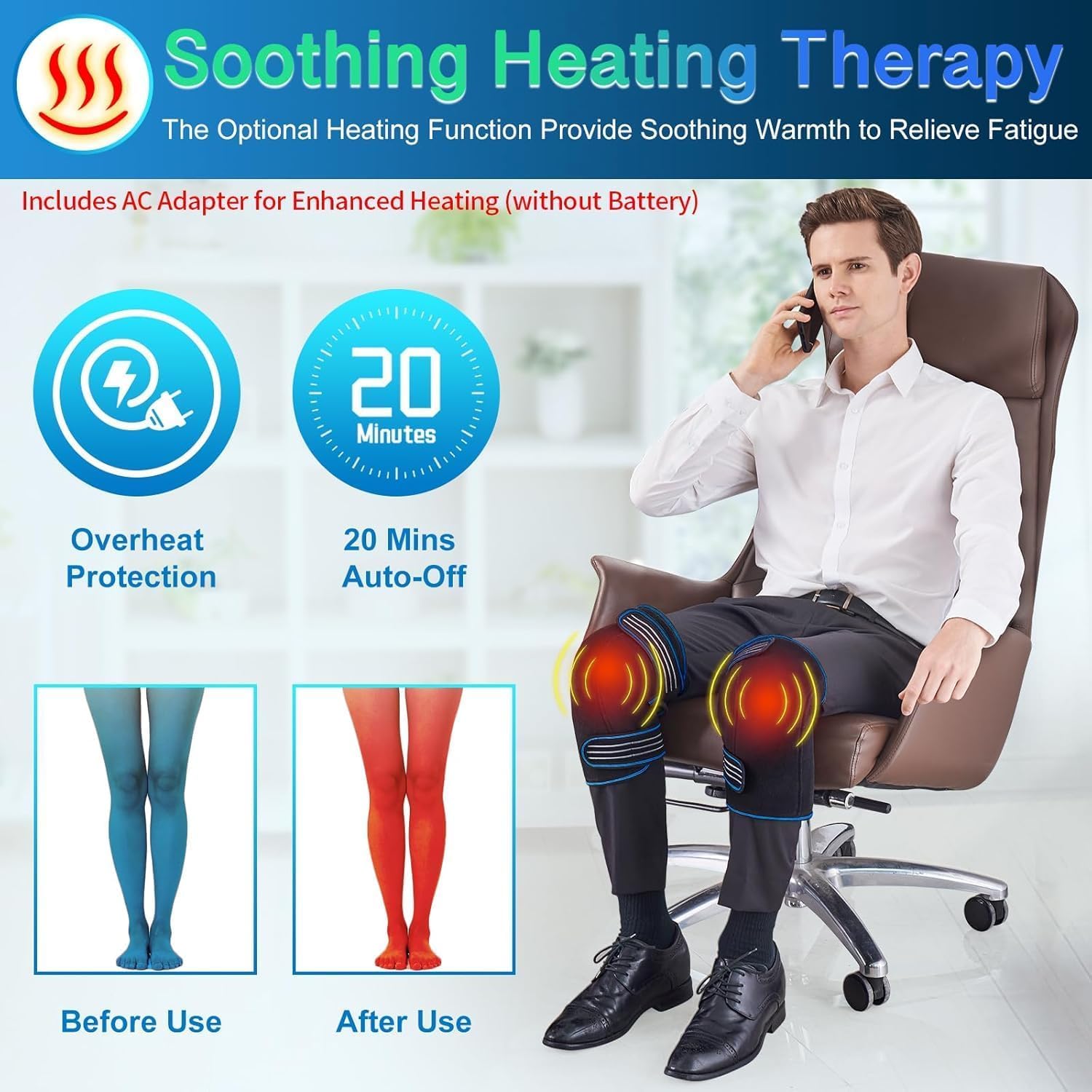 Masajeador de Rodilla con Calor y Vibración para Aliviar Dolor de Articulación, Almohadilla Térmica con 3 Modos
