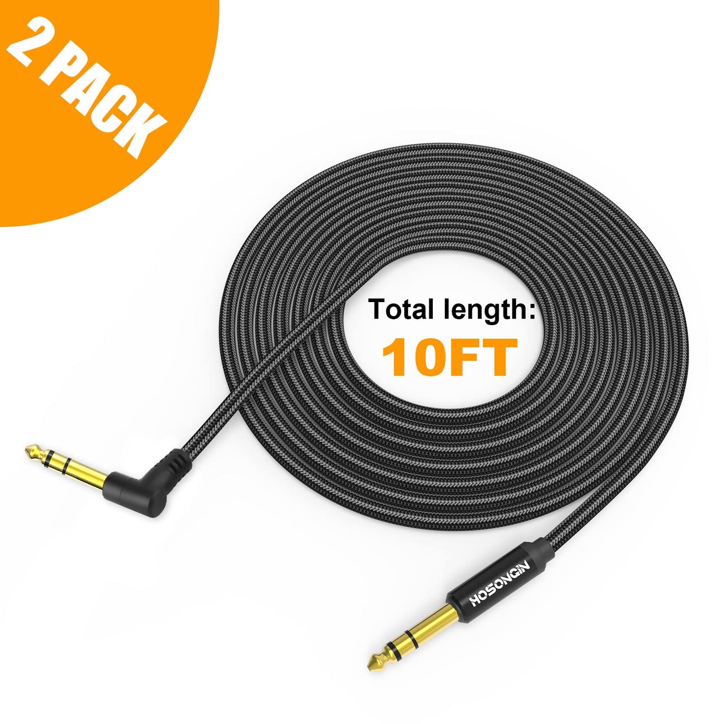 HOSONGIN Cable de instrumento TRS de 1/4 pulgadas, paquete de 2 unidades, de 10 pies, ángulo recto a recto 6.35 mm, cable de audio estéreo masculino, línea de interconexión equilibrada para guitarra eléctrica, bajo, teclado, mezclador, amplificador, altav
