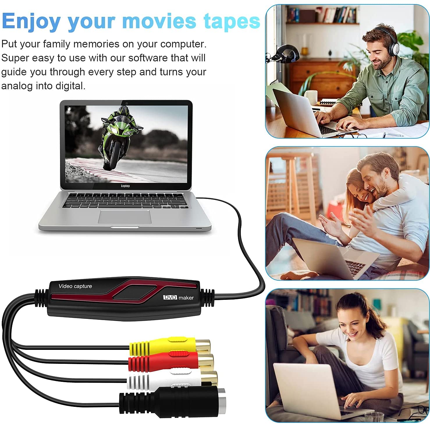 DIGITNOW Convertidores de Video USB 2.0, Convertidor de Captura de vídeo USB, VHS a DVD Digital Grabber Grabador, Capturadora Digitalizadora de vídeo para Mac OS X/Windows 7 8 10 PC