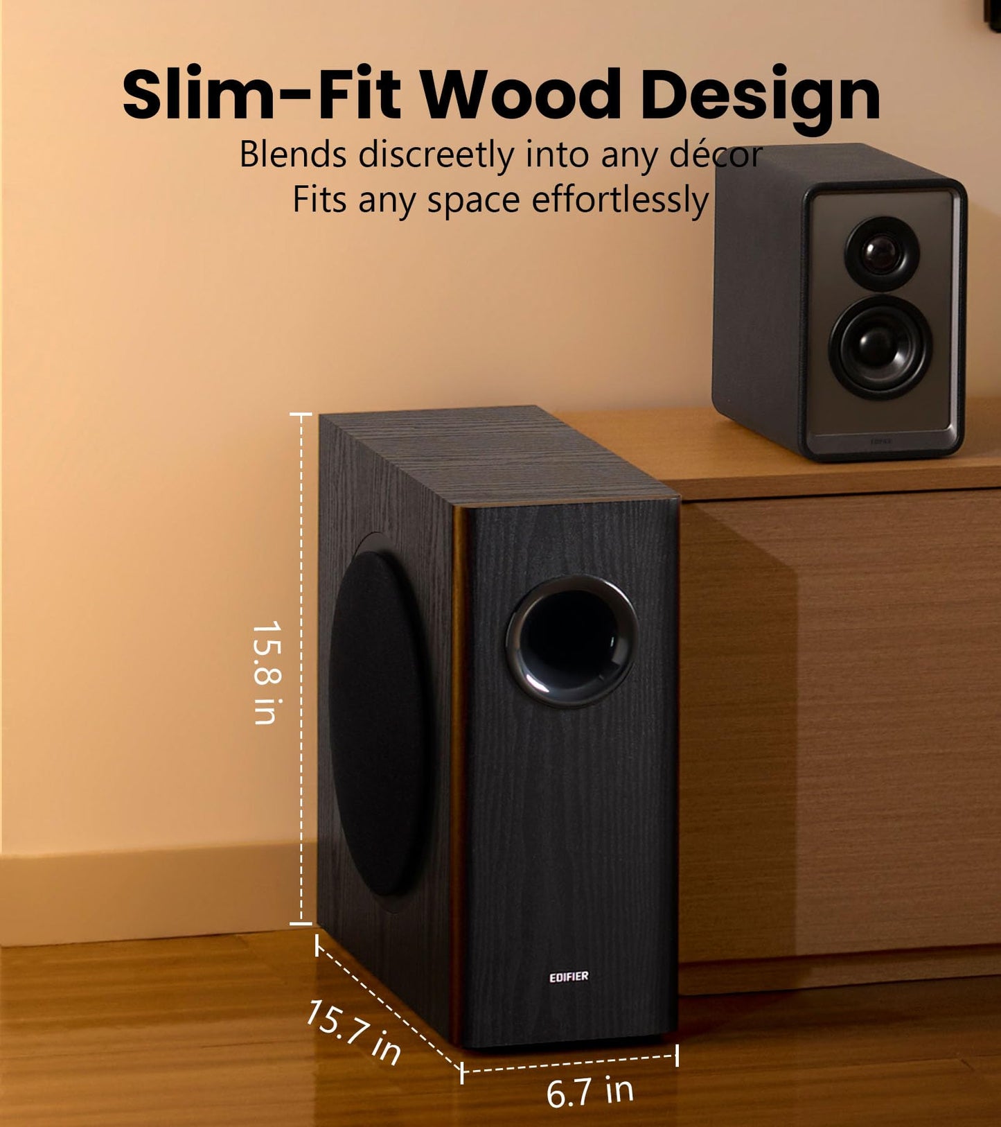 Edifier T5s - Subwoofer activo alimentado con 70 W RMS, woofer de 8 pulgadas de largo alcance, altavoz de graves profundos (35 Hz), amplificador incorporado, baja distorsión, selector de fase y