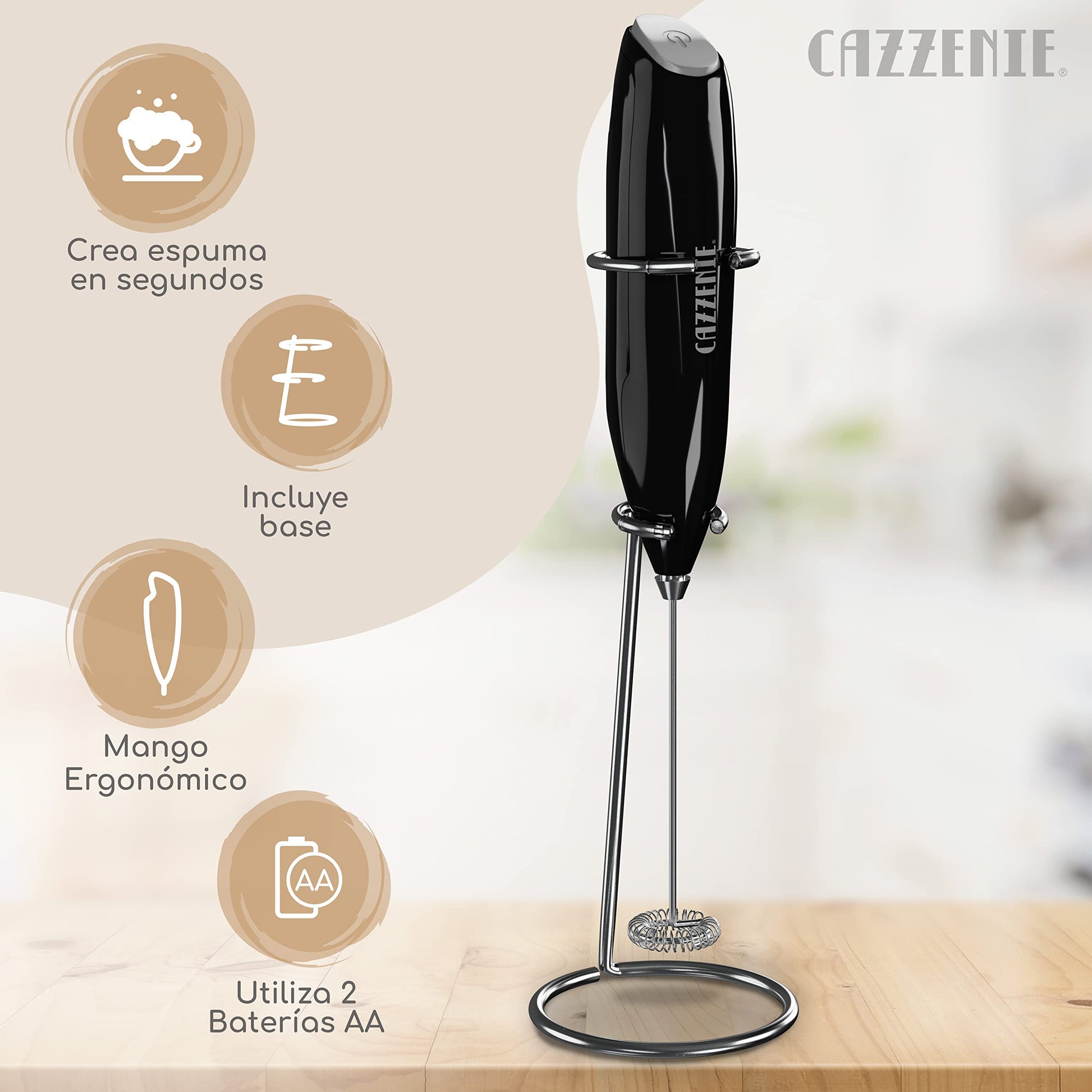 Cazzenie Espumador de Leche eléctrico con batidor y base. Batidor Premium de mano para café, capuchino o cócteles. Batidor de huevo o para tipo de bebidas en vaso o taza. Barista. Milk Frother