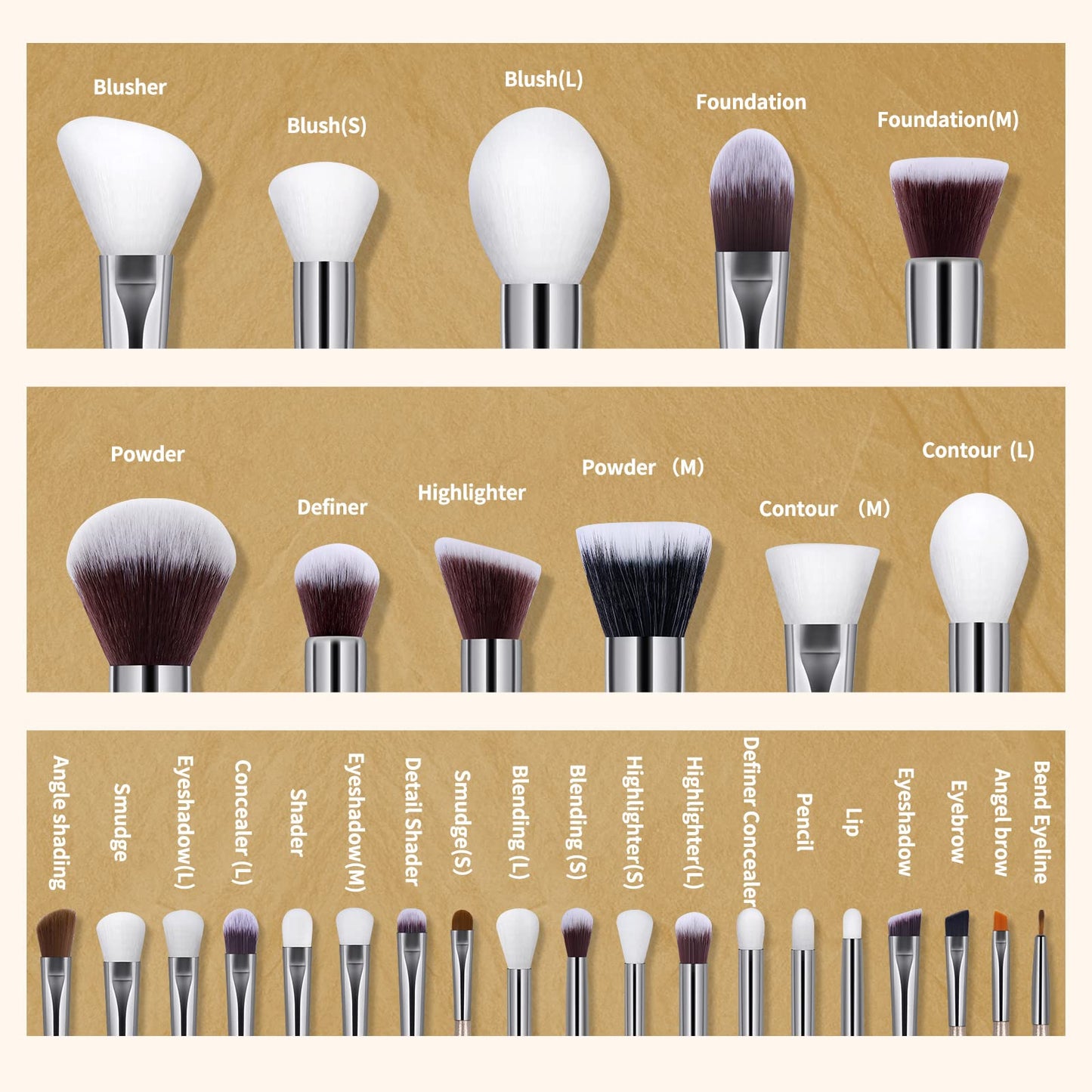 Brochas de Maquillaje Profesional 30 Piezas kit Alta Calidad Sintético Brochas Maquillaje Sombras de Brochas para Ojos en Polvo para Base de Maquillaje -Champagne Gold