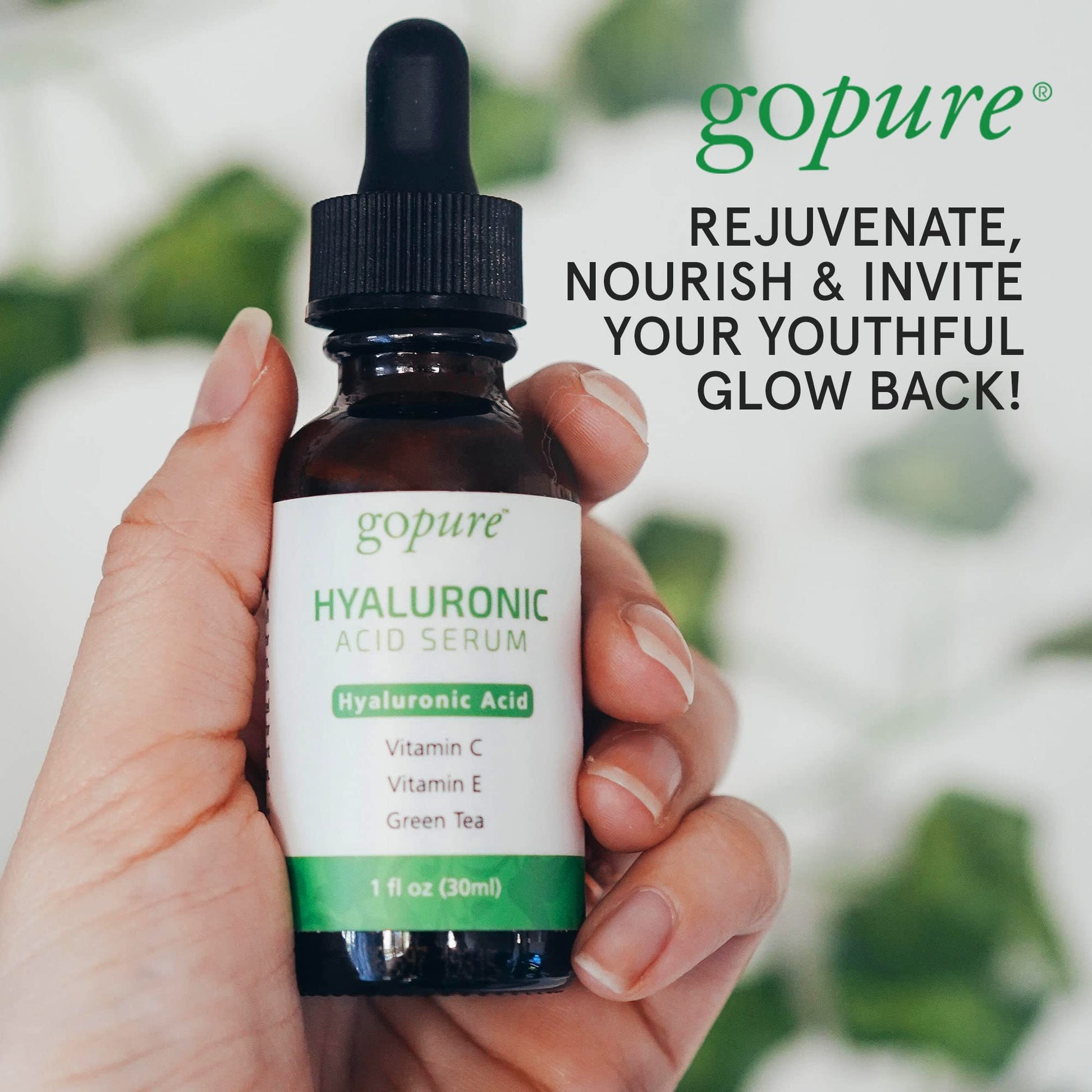 goPure Hyaluronic Acid Serum with Vitamin C, Green Tea & Vitamin E - Hydrating Anti Aging Serum - Hydrates & Plumps the Skin - Dry Skin, Fine Lines, Wrinkles - 1oz
