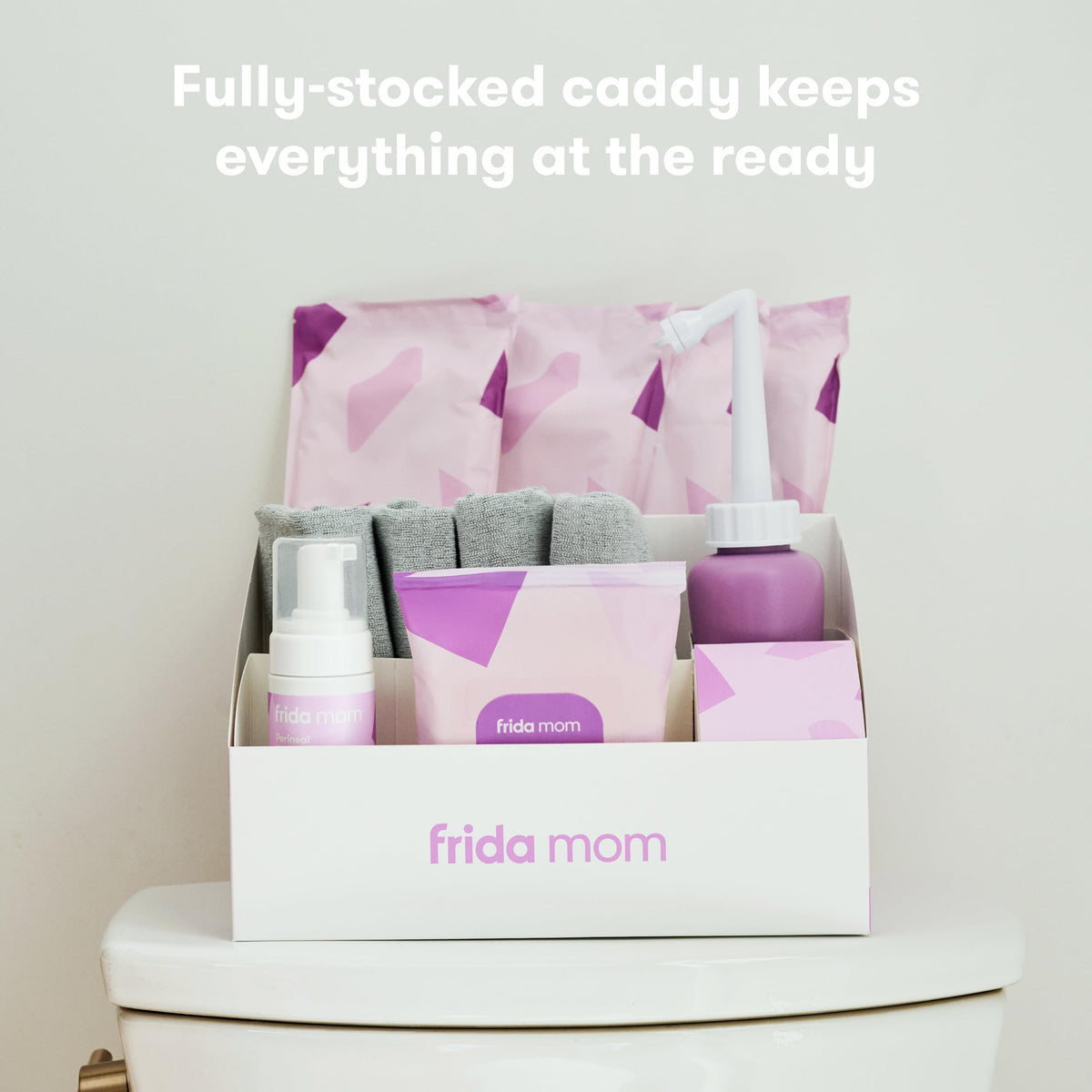 Frida Mom Kit de Esenciales Posparto, Incluye Botella Invertida, 4 Calzones Desechables, 4 Toallas Femeninas Frías, 24 Recubrimientos y Espuma de Hamamelis, Gris, Talla Unica