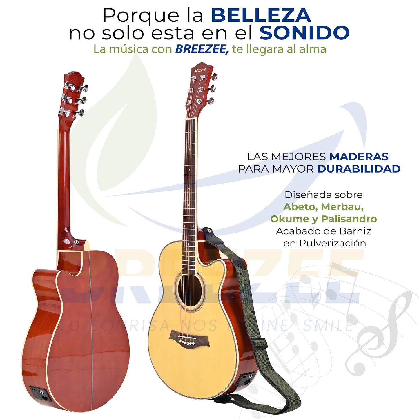BREEZEE Guitarra Electroacústica de 40” Diseñada sobre Abeto, Merbau, Okume y Palisandro. Acabado de Barniz en Pulverización, Incluye Set de Accesorios Completo para Principiante