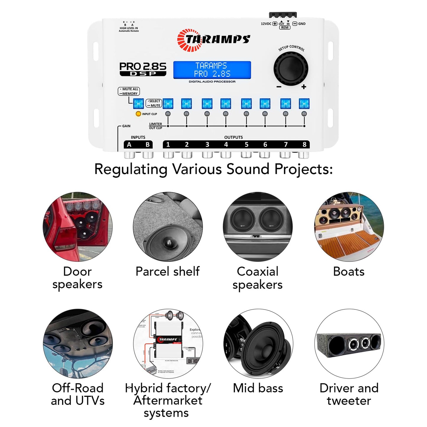 Procesador de Audio de Señal Digital Taramps Pro 2.8S Blanco Crossover con Ecualizador Gráfico de 15 Bandas y Secuenciador