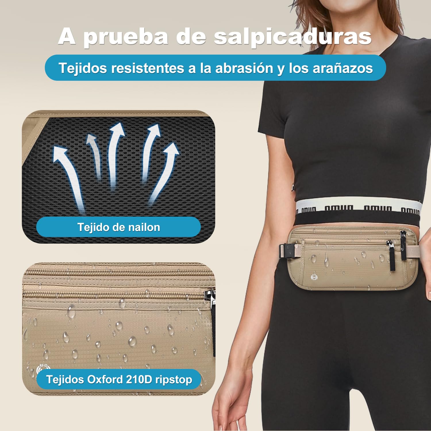 Cinturón de Viaje con Tecnología Bloqueo RFID, Cangurera Mujer y Hombres con Soporte Delgado para Pasaporte y Cremallera Invisible, Riñonera para Viaje, Deporte, Running, Ejercicio (Caqui)