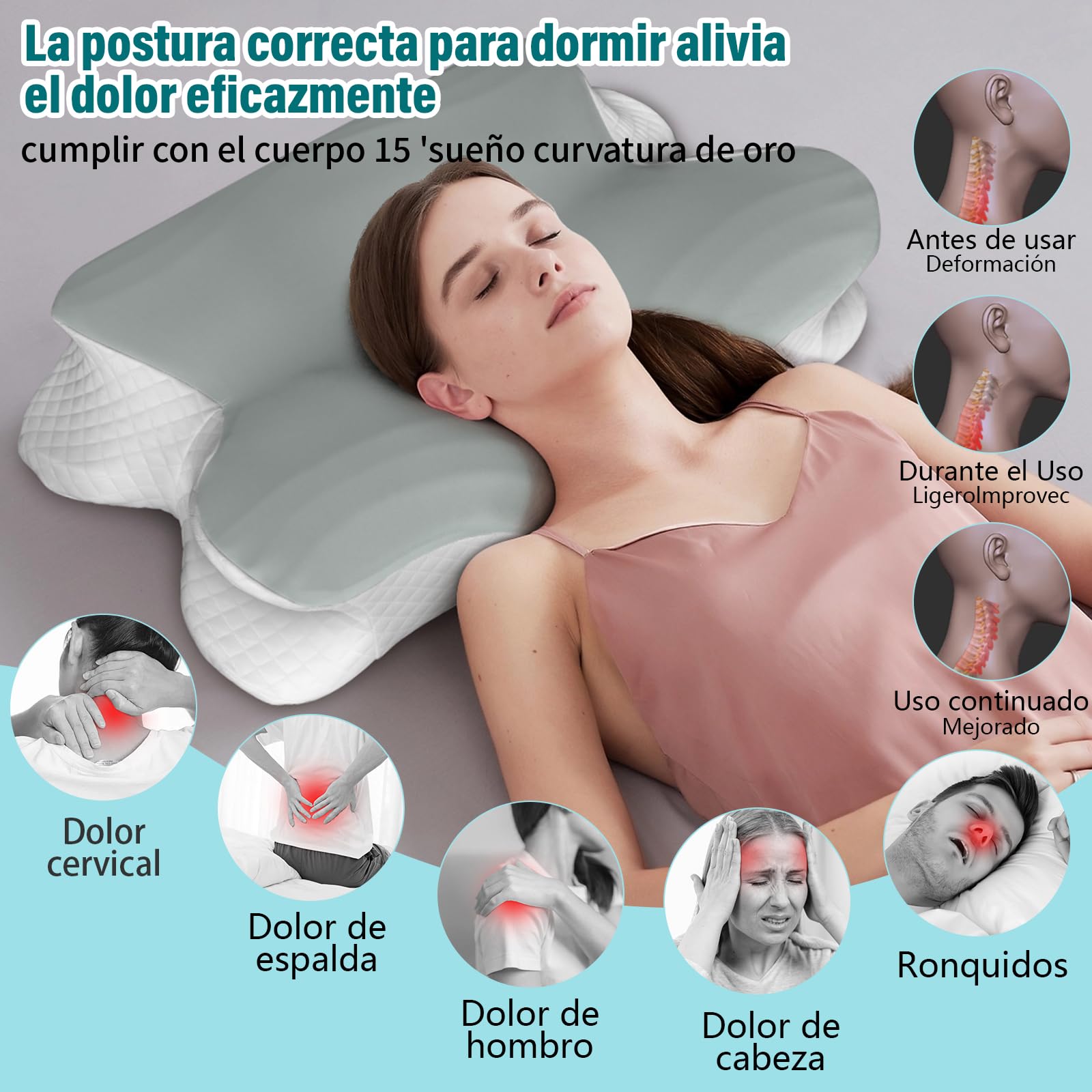 KIROGILY Almohada Cervical, Almohada Memory Foam para Aliviar el Dolor de Cuello, Almohada Ortopédica para Quienes Duermen de Lado, Boca Arriba y Boca Abajo, con Funda de Almohada (Gris)