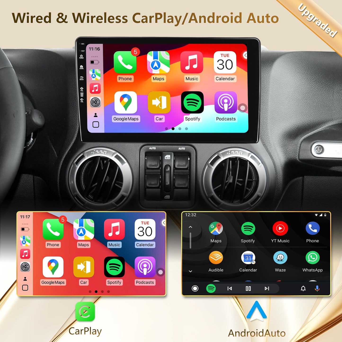 SailingTravel Radio estéreo para Coche para Jeep Wrangler JK 2007-2018 Dodge Ram 2009-2012, Android 13/Pantalla táctil IPS QLED de 10 Pulgadas/Carplay inalámbrico/Android Auto/Bluetooth/