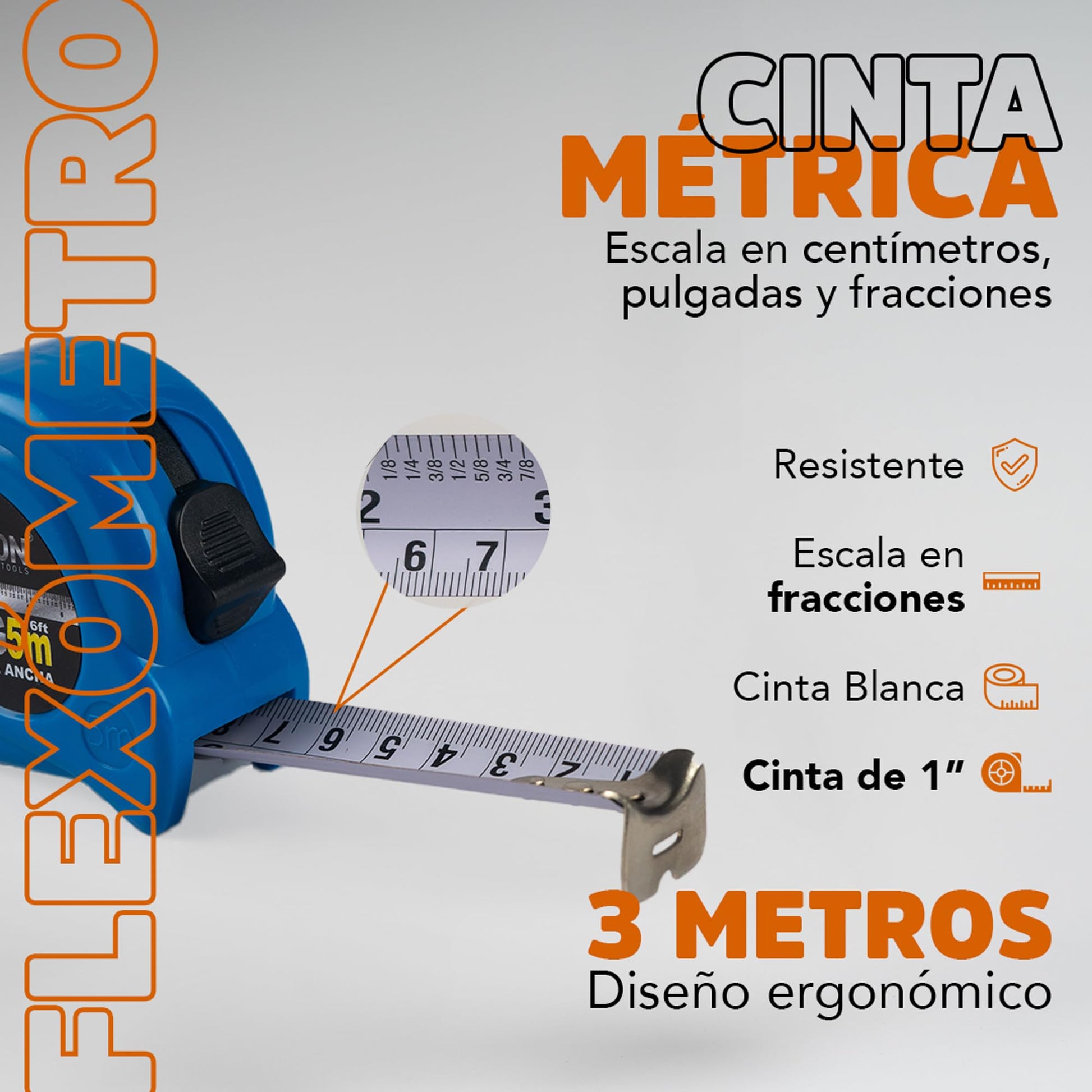 Flexómetro WALKON Azul Cinta Blanca Escala en Centímetros, Pulgadas y Fracciones 5 Metros Herramientas Ergonómicas