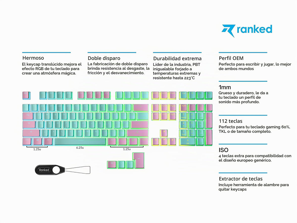 Teclas Pudding PBT Ranked Miami Translúcidas ANSI e ISO para Teclado Mecánico RGB