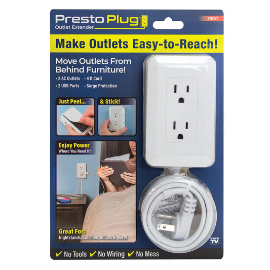 Ontel - Extensor de Enchufe Presto para reubicar Tomas de Corriente inalcanzables, Cable de 4 pies, se adhiere fácilmente en la Pared, Proporciona protección contra sobretensiones, 2 Salidas de CA, 2