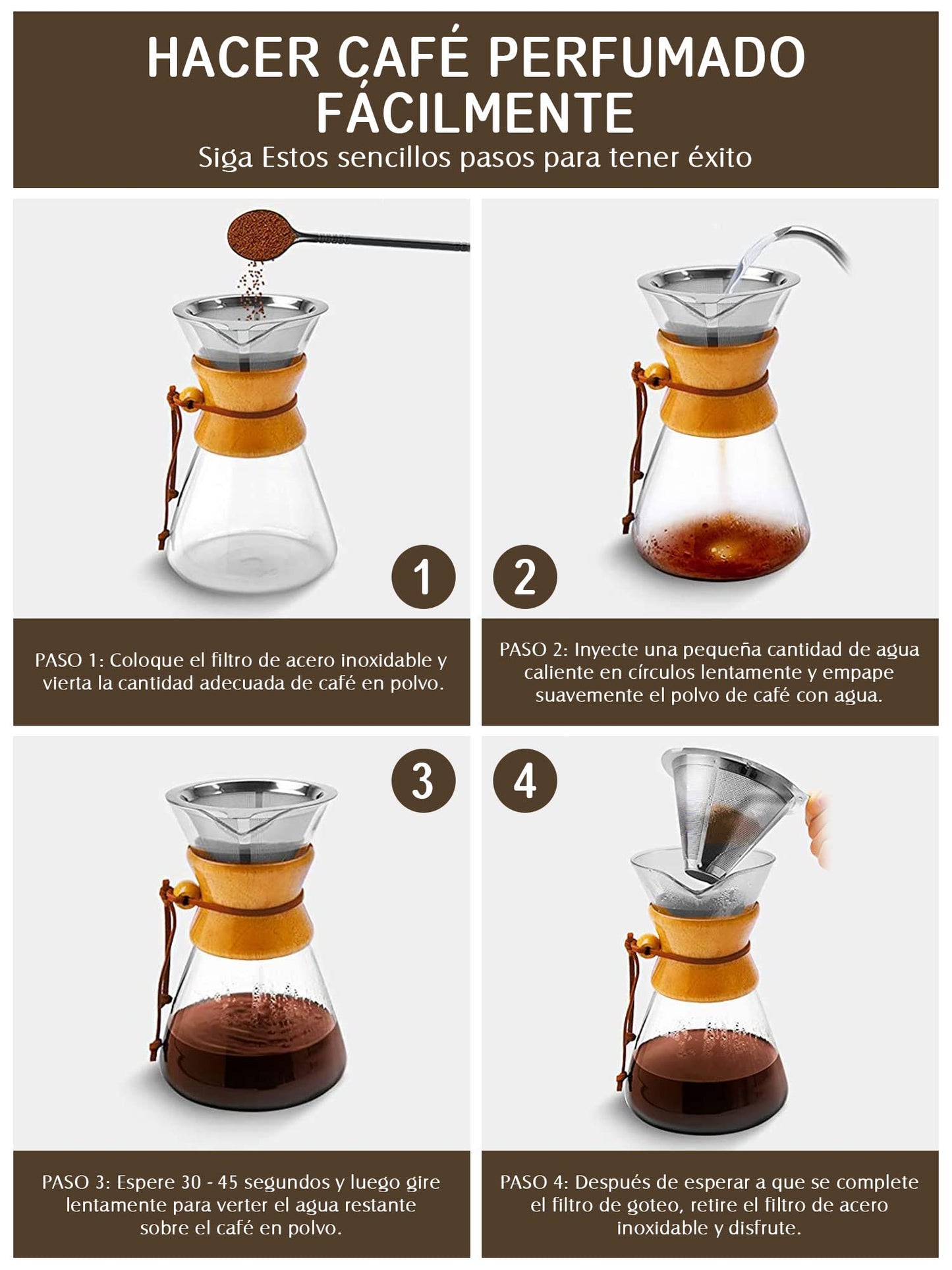 Cafetera De Vidrio 1000ML con Filtro de Acero Inoxidable 304 para Goteo Manual