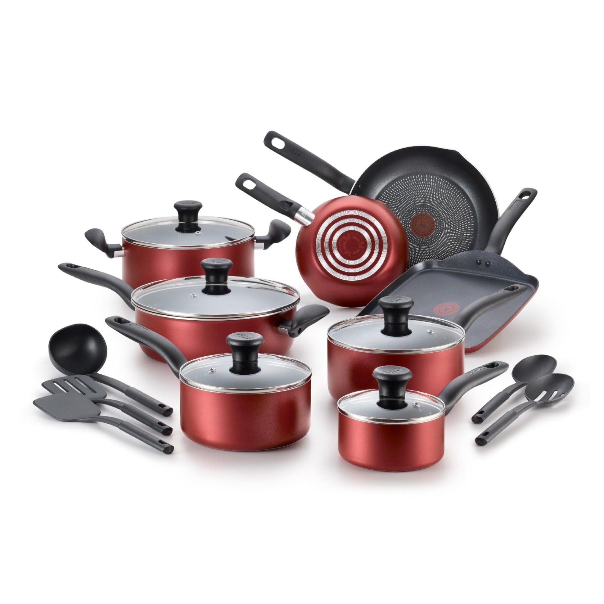 Batería de Cocina T-Fal Roja antiadherente sin aceite 18 Piezas