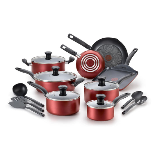 Batería de Cocina T-Fal Roja antiadherente sin aceite 18 Piezas