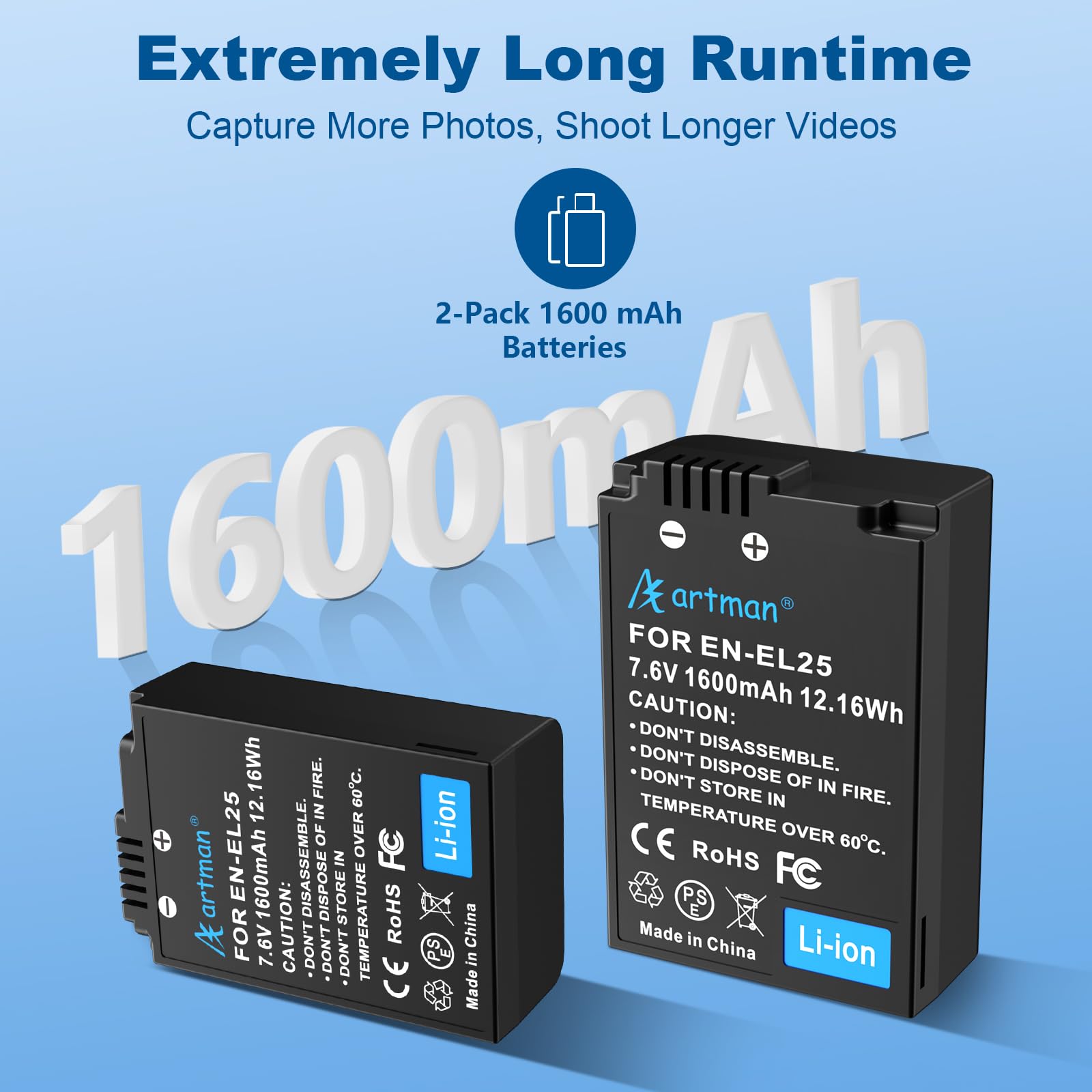 Artman EN-EL25 Batería de Cargador 1600mAh (Paquete de 2) y Smart LCD Cargador Dual USB para Nikon Serie Z, Z30, Z50, ZFC, 4241, EN-EL25, 4241 y Nikon Cámara Digital MH-32