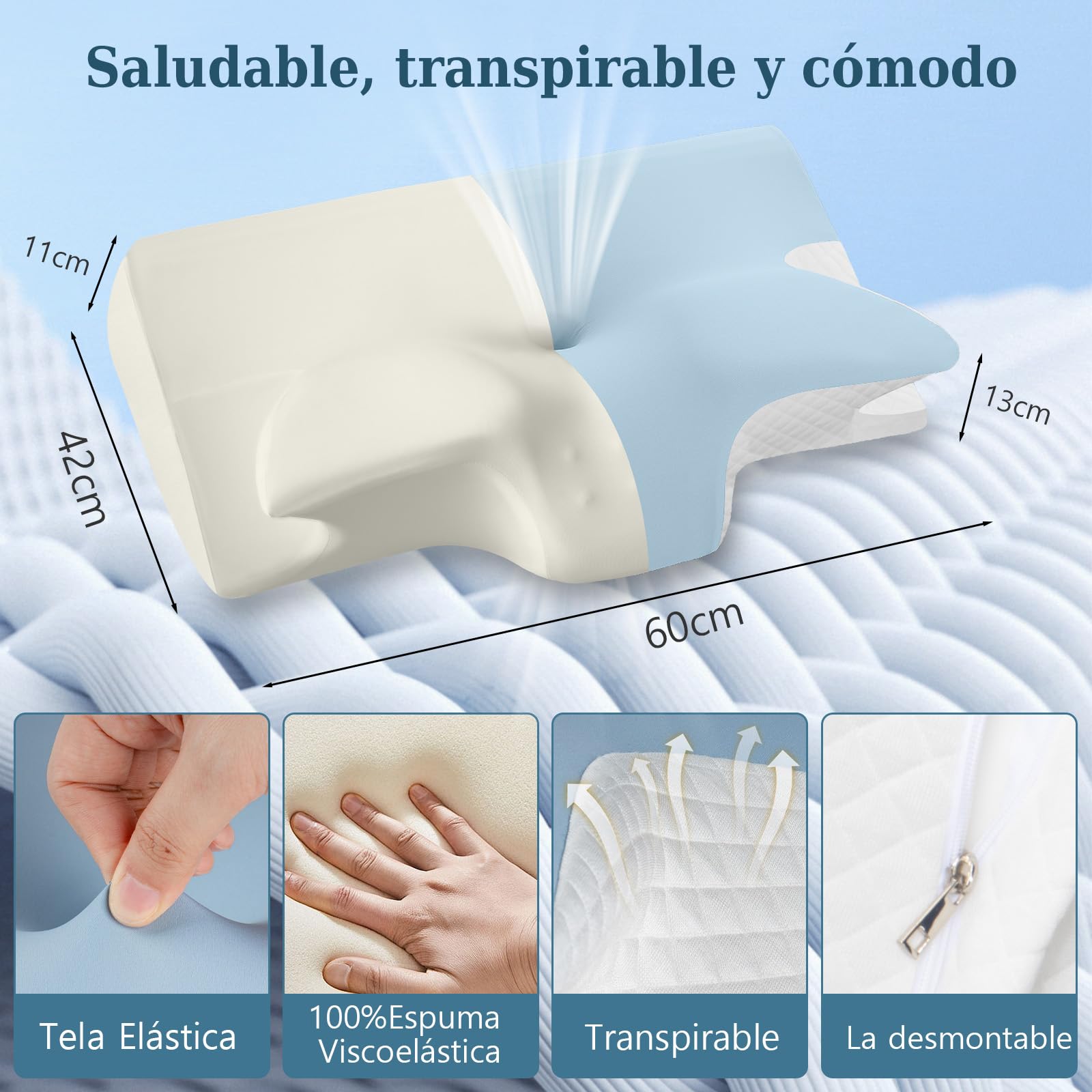GALASALA Almohada Memory Foam, Almohada Cervical para Aliviar el Dolor de Cuello, Almohada Ortopédica Ergonómica para Boca Arriba, Personas Que Dormir de Lado o Boca Abajo, con Fundas de Almohada