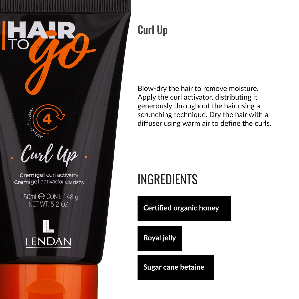 Lendan - Activador de Rizos - Curl Up Curls - 150 Ml - Con Miel y Jalea Real - Rizos Naturales e Hidratados - Controla la Humedad y el Frizz - Protege el Color del Cabello