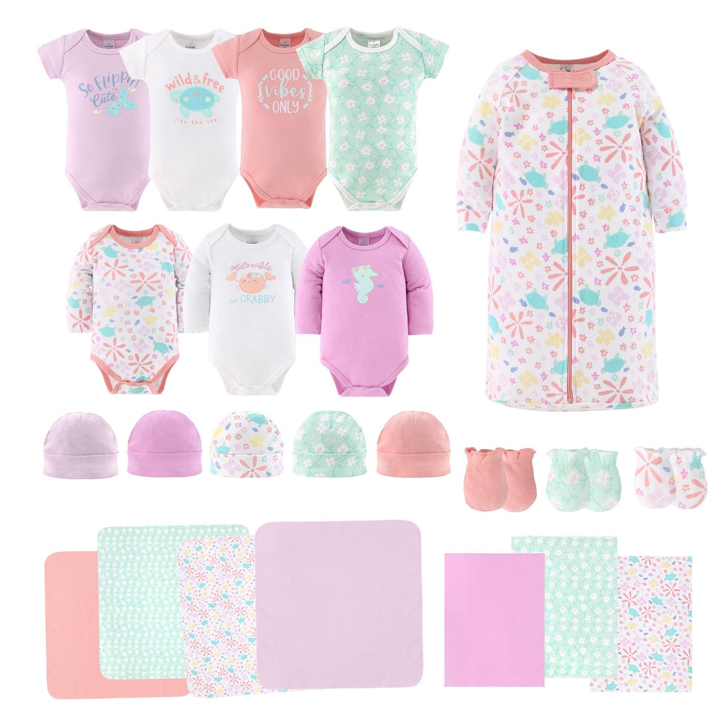 The Peanutshell - Juego de regalo para niñas - Juego de 23 piezas de regalo para niñas recién nacidas, ropa de bebé y artículos esenciales para recién nacidos, ropa de recién nacido, 0 a 3 meses, flor