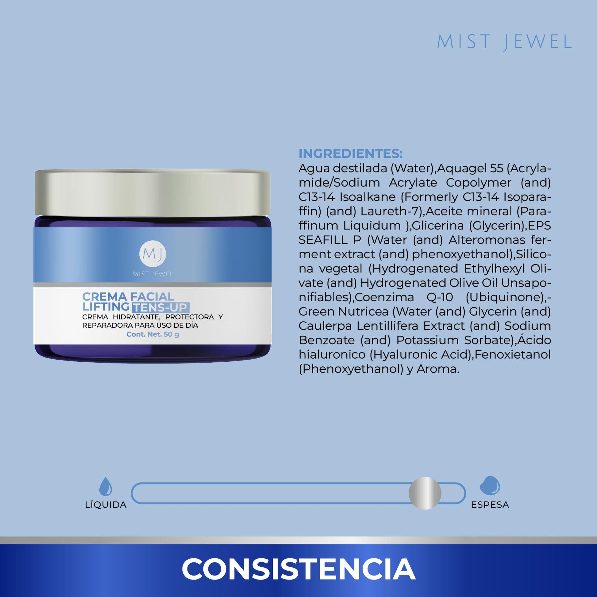 MIST JEWEL Crema TENS-UP Facial con Postbióticos marinos, Ácido Hialurónico, Caviar Verde y Q10 | Crema tensora efecto lifting e hidratante de cuidado facial para uso de día y noche skin care hombre y mujer. Todo tipo de piel 50g