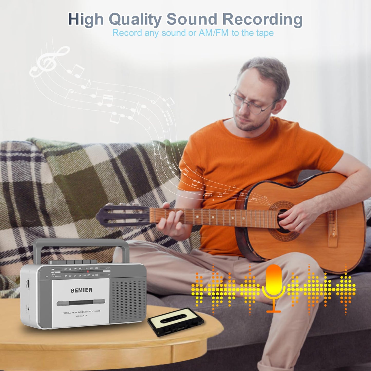 Reproductor de Casete Retro SEMIER Estéreo AM/FM Portátil con Altavoz 6W y Conector de Auriculares