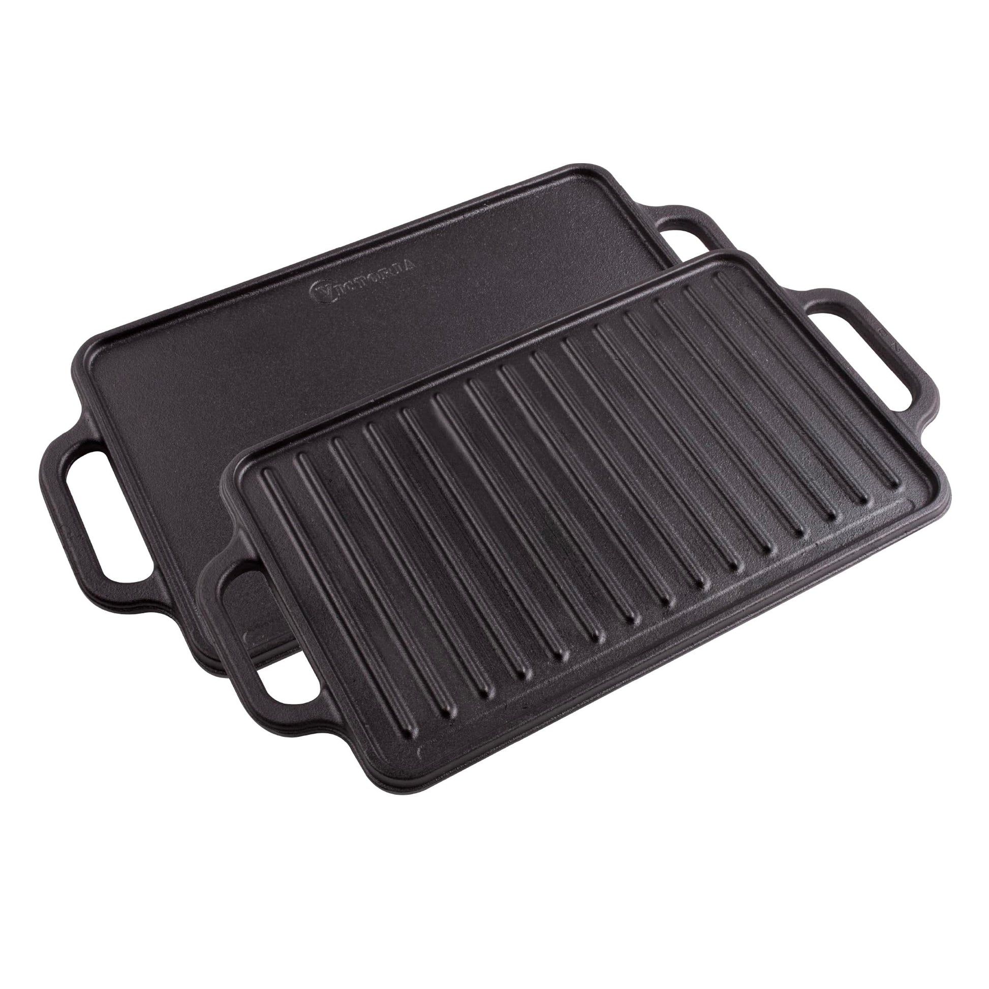 Plancha Rectangular Reversible Victoria Negro para Dos Quemadores de Hierro Fundido Sazonada 33 x 21 cm