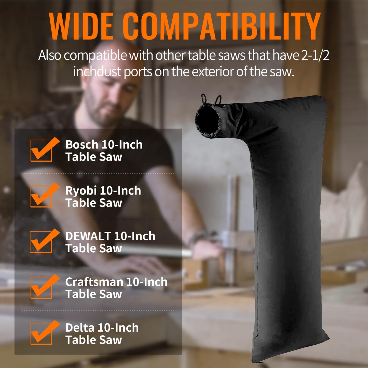 Bolsa colectora de polvo para sierra de mesa compatible con Bosch/Dewalt/Ryobi/Craftsman/RIGID/Metabo/Kobalt/Skilsaw/Delta (Tablas de 10 pulgadas con puerto de polvo de 2.5 pulgadas), 1 paquete